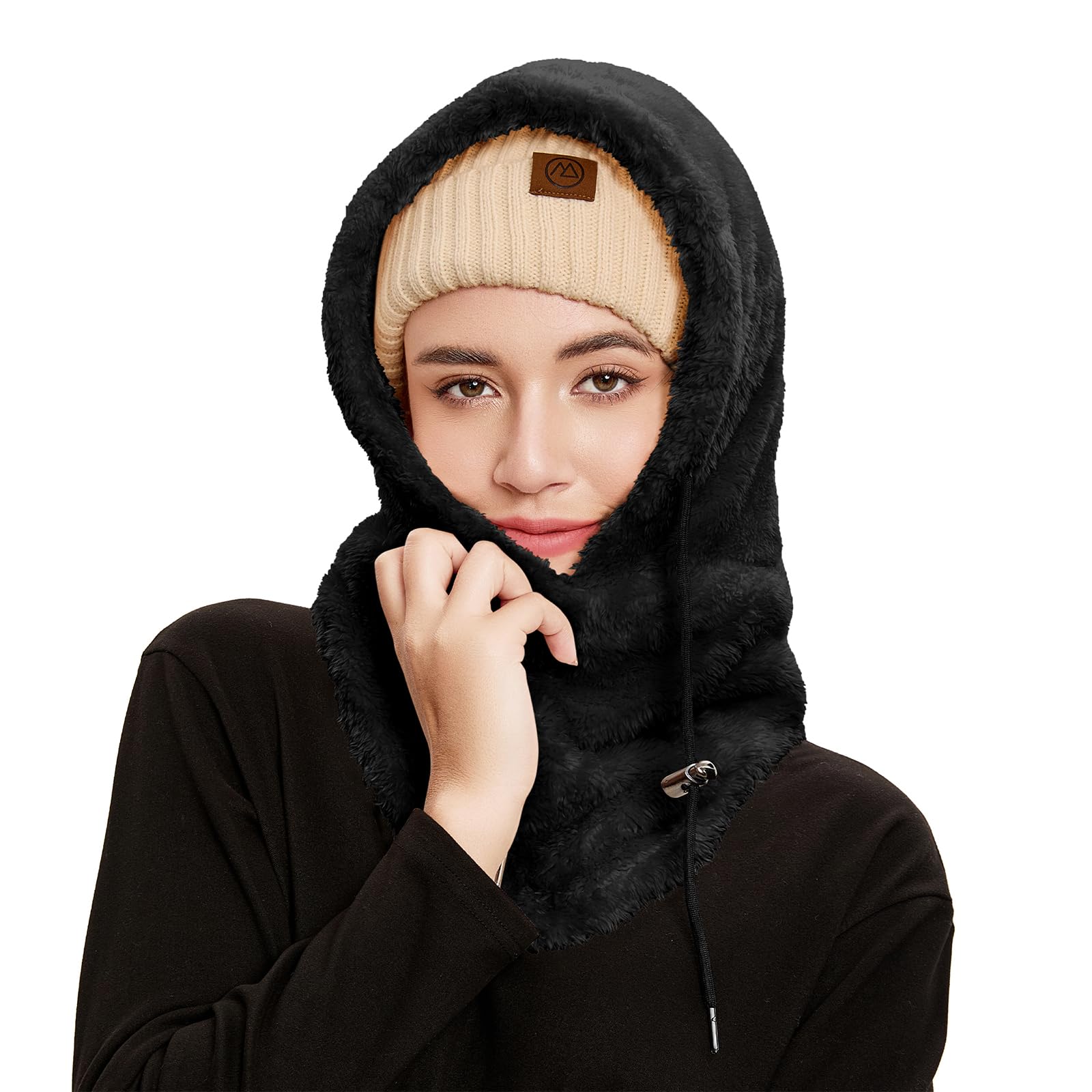 Fleece Balaclava Fuzzy Ski Mask for Women Warm Winter Hats for Women Ski Face Cover Integrated Ear Protection Windproof Hooded Scarf Black
