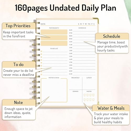 Miniatura 3 de Planificador diario estético sin fecha, agenda de tareas pendientes con horario, agenda de trabajo de tapa dura A5 para mantenerse organizado y