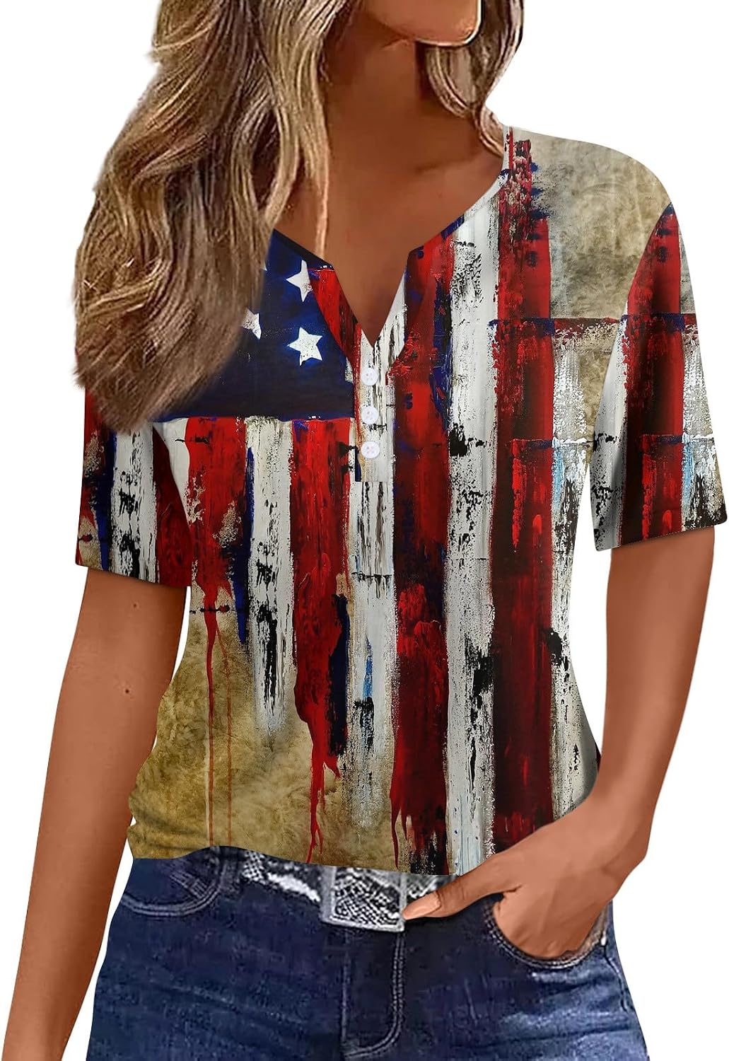 Women's 4Th of July Shirt, Short Sleeve Henley Neck Casual Tops American Flag Graphic Shirts, S-3XL