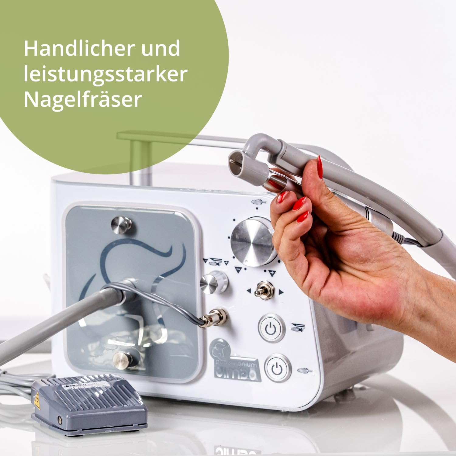 Podomonium JIMBO Fußpflegegerät mit Absaugung – Profi Nagelfräser 40.000 U/min, Micromotor mit 2,35 mm Bitaufnahme, Trockentechnik, für Podologie & mobile Fußpflege, Assembled in Europe