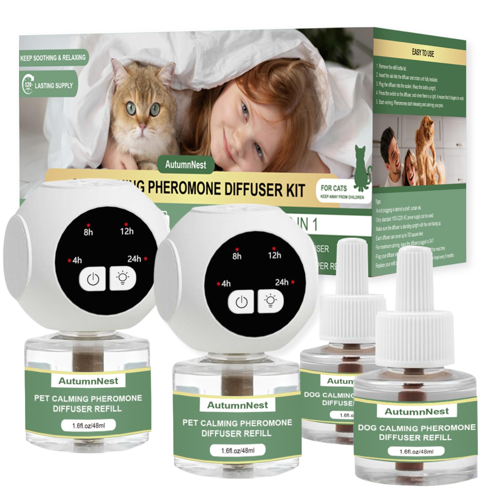 Cat Calming Pheromones Diffuser Kit with Timer – 2 Plug-Ins + 4 Refills (48ml) – 4-Level Timing – Stress Relief for Cats – Helps with Hiding, Scratching, Urine Marking, Travel, Vet Visits