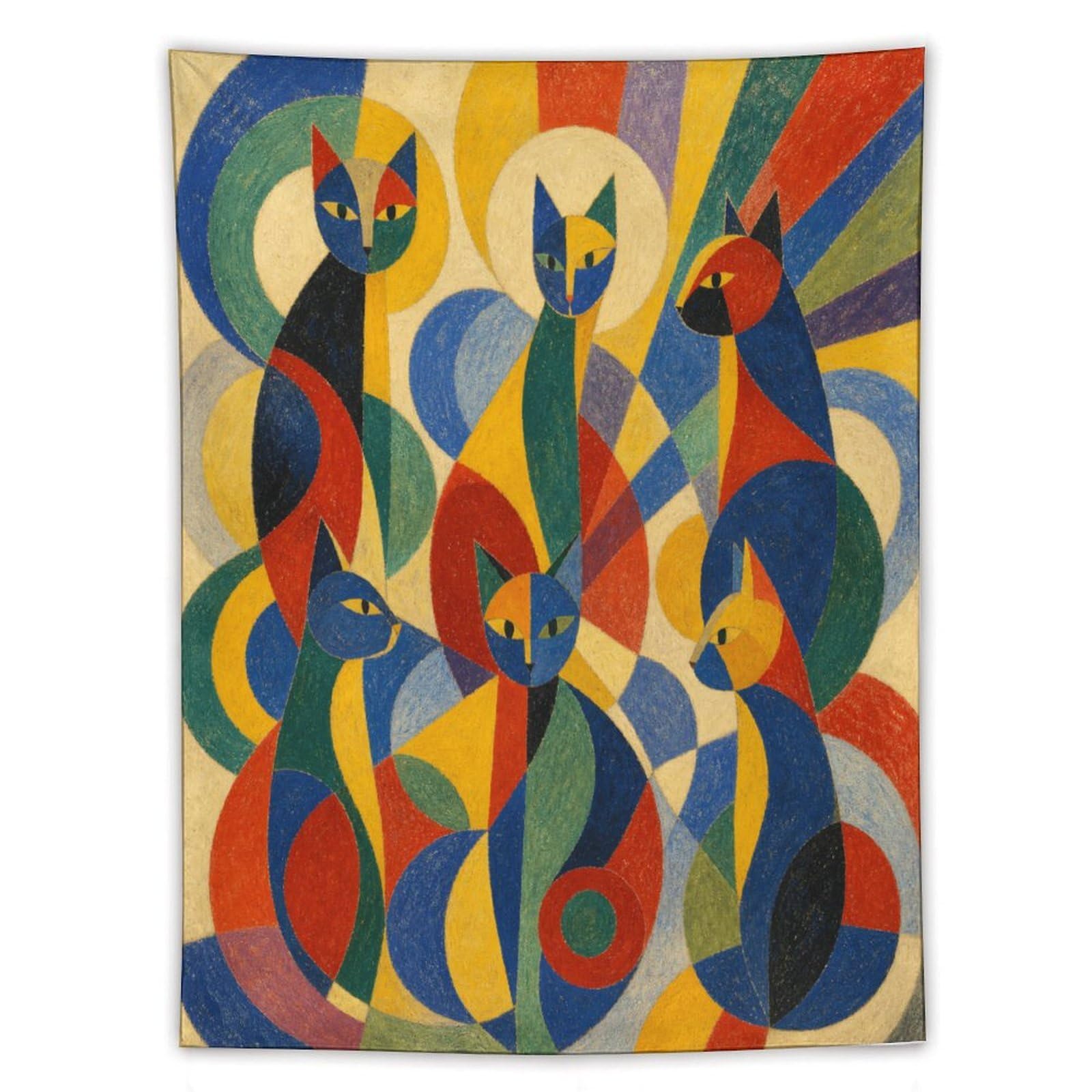 H3B8U2Y5 Colorful Cat Group Wall Tapestry, Geometric Art, Reading Corner