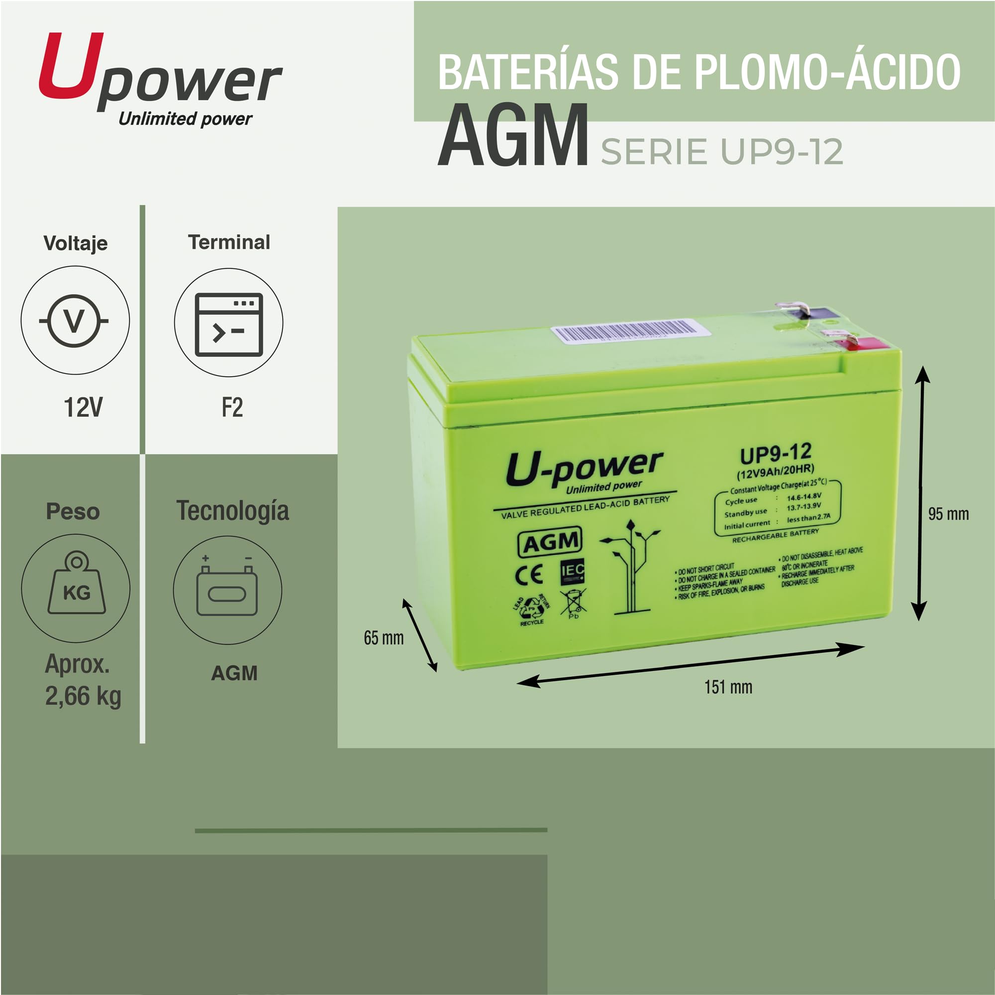 U-Power Batería AGM 12V 9Ah – Sellada Recargable Plomo-Ácido VRLA – para Alarmas, SAI/UPS, Seguridad, Juguetes Eléctricos y Más – Terminal Faston F2 (6.3 mm)