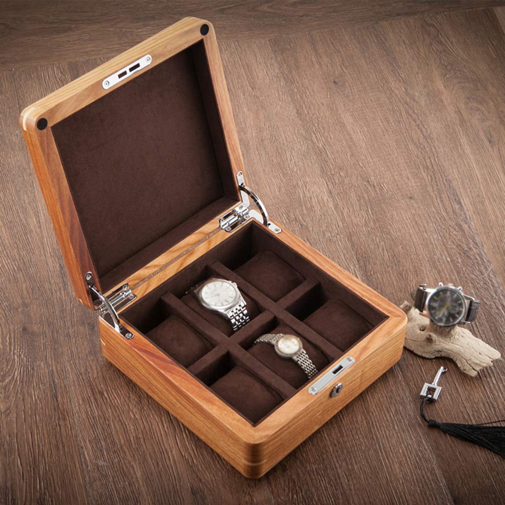 Caja de reloj de madera con 6 ranuras para relojes, caja de almacenamiento para exhibición de joyas con almohada de almacenamiento extraíble para hombres, mujeres, cumpleaños, día de San Valentín
