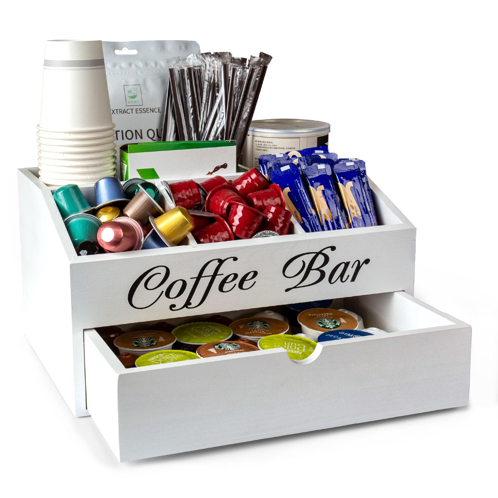 Organizador de Café y Té-Caja de Madera para Accesorios de Cafetera-Infusiones -Bandeja de Madera 1 Cajón para Infusiones, Azucarillos, Tazas, Cápsulas, Blanco