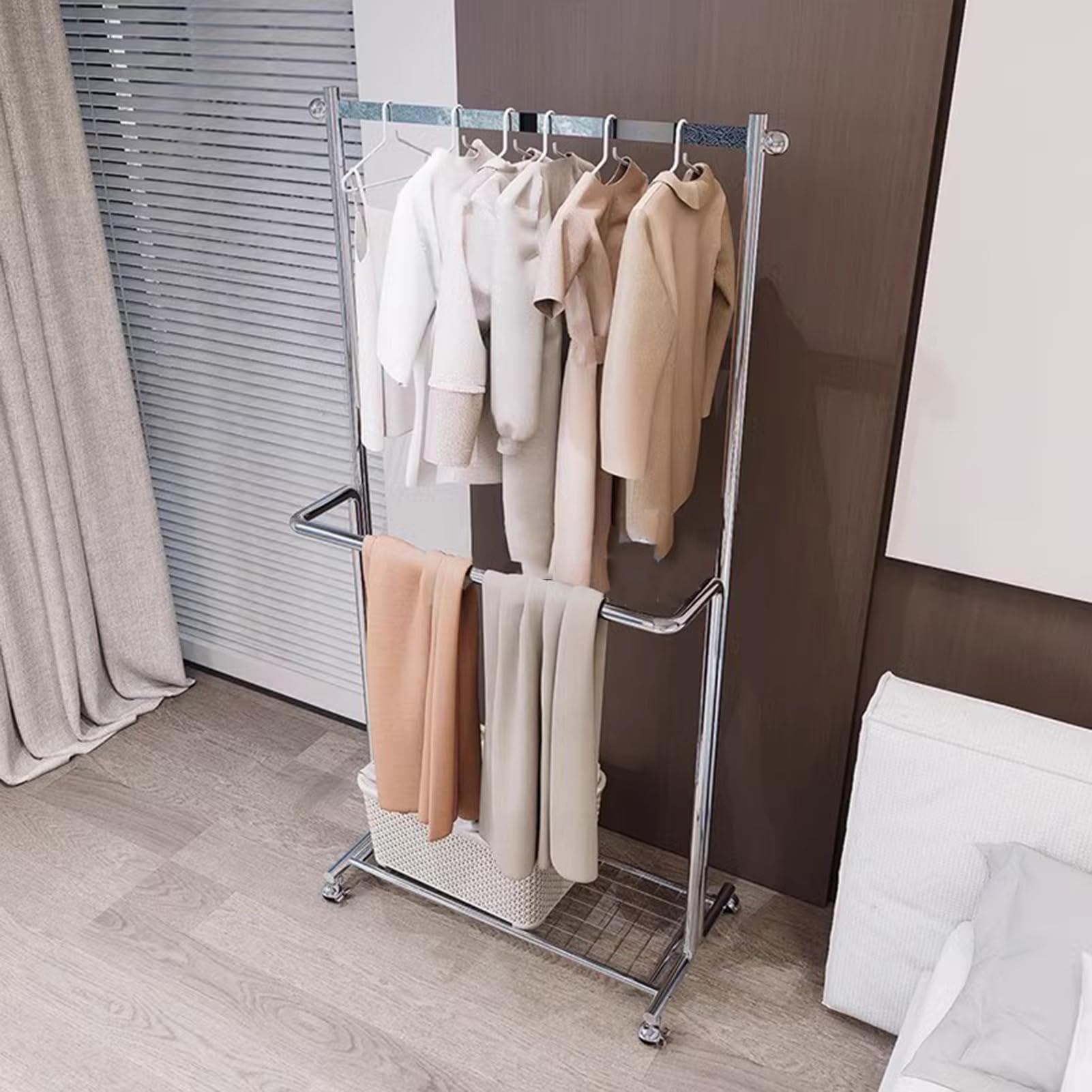 Stand Appendiabiti Porta Abiti A Doppia Asta Con Ruote, Appendiabiti In Acciaio Inox Argento Con Ripiani, Organizador De Armario Portátil Para Dormitorio Y Sala De Estar, Attaccapan(Size:120X40X170CM)
