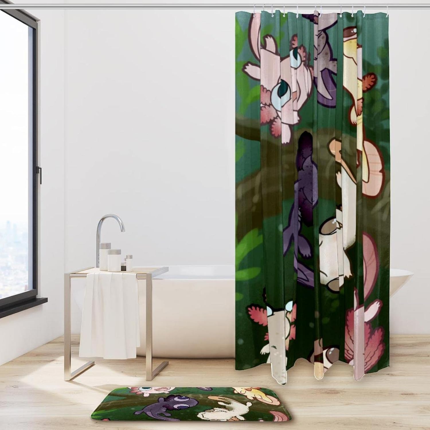 KXO Cartoon Axolotl, Waterproof Shower Curtain and Mat Set Polyester Bathroom Curtain and Rug Set with Hooks 70.8"x70.8"