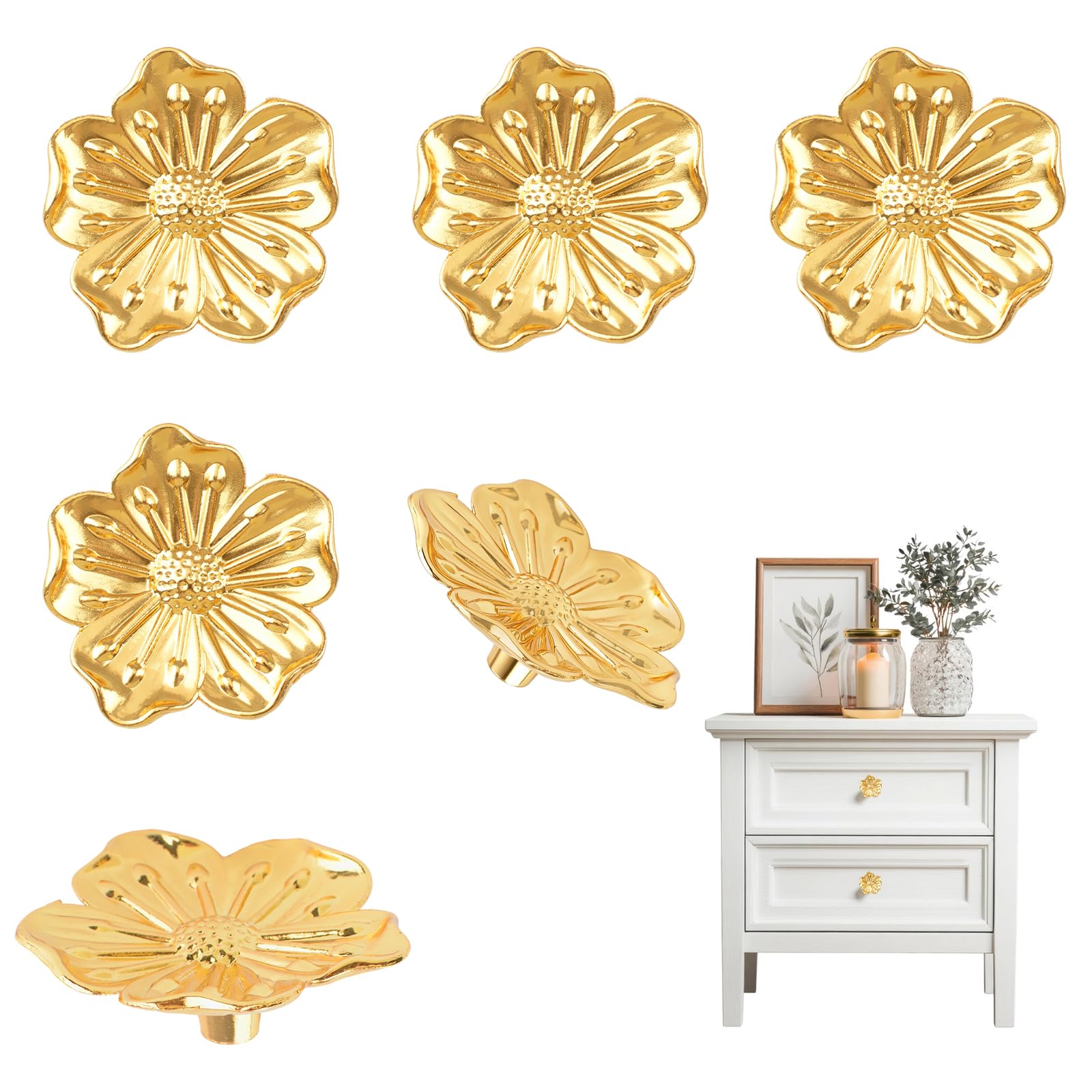 MOROBOR Zinc Alloy Golden Flower Knobs, 6 Pcs Peach Blossom Shape Cabinet Knobs for Drawer Cupboard Dresser Pulls Handle Single Hole Hardware Handle