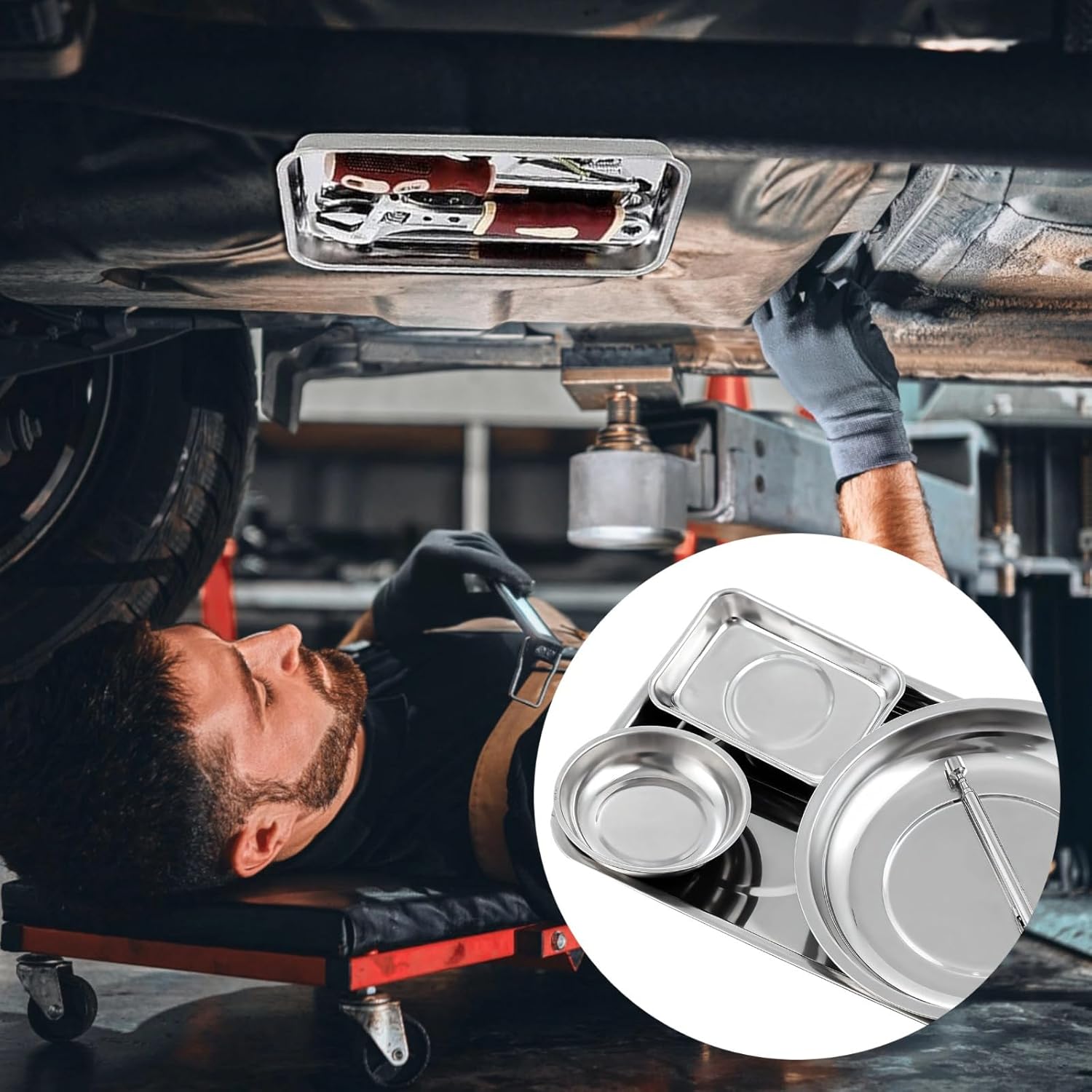 5 Pcs Tool Holder with Strong Base, Stainless Steel Parts Tray, Telescopic Tool for Auto Repair, Workshop Use