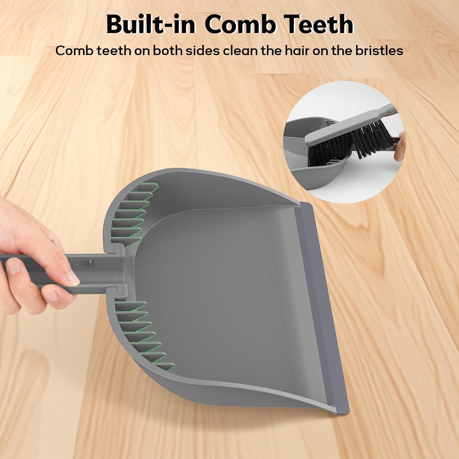 SetSail Small Dustpan and Brush Set with Comb Teeth Clean Pet Hair, Gray