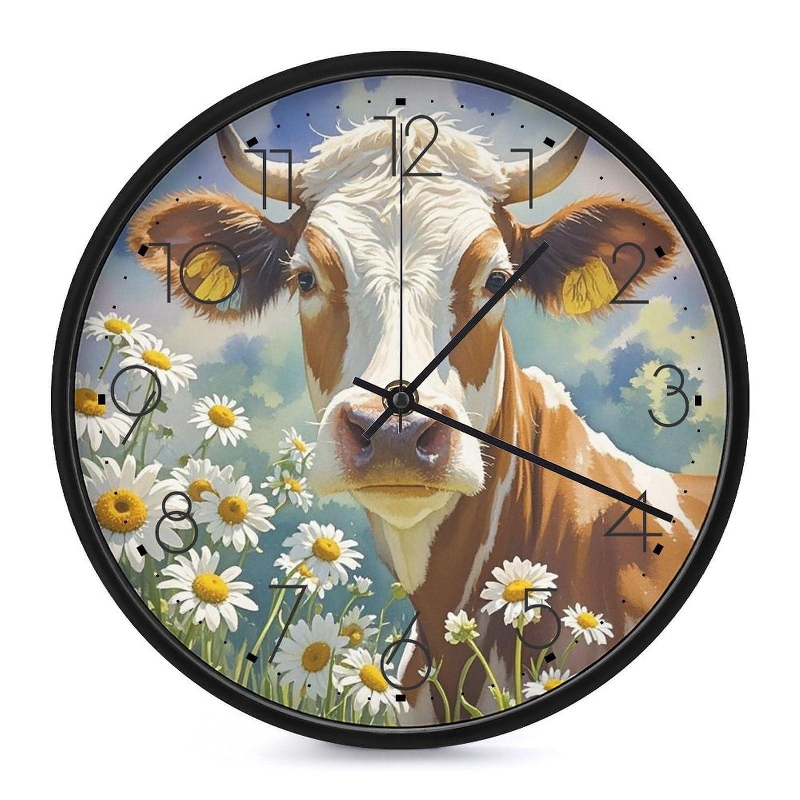 Horloge murale cuisine et salon design aquarelle de vache montre ronde silencieuse de 25cm