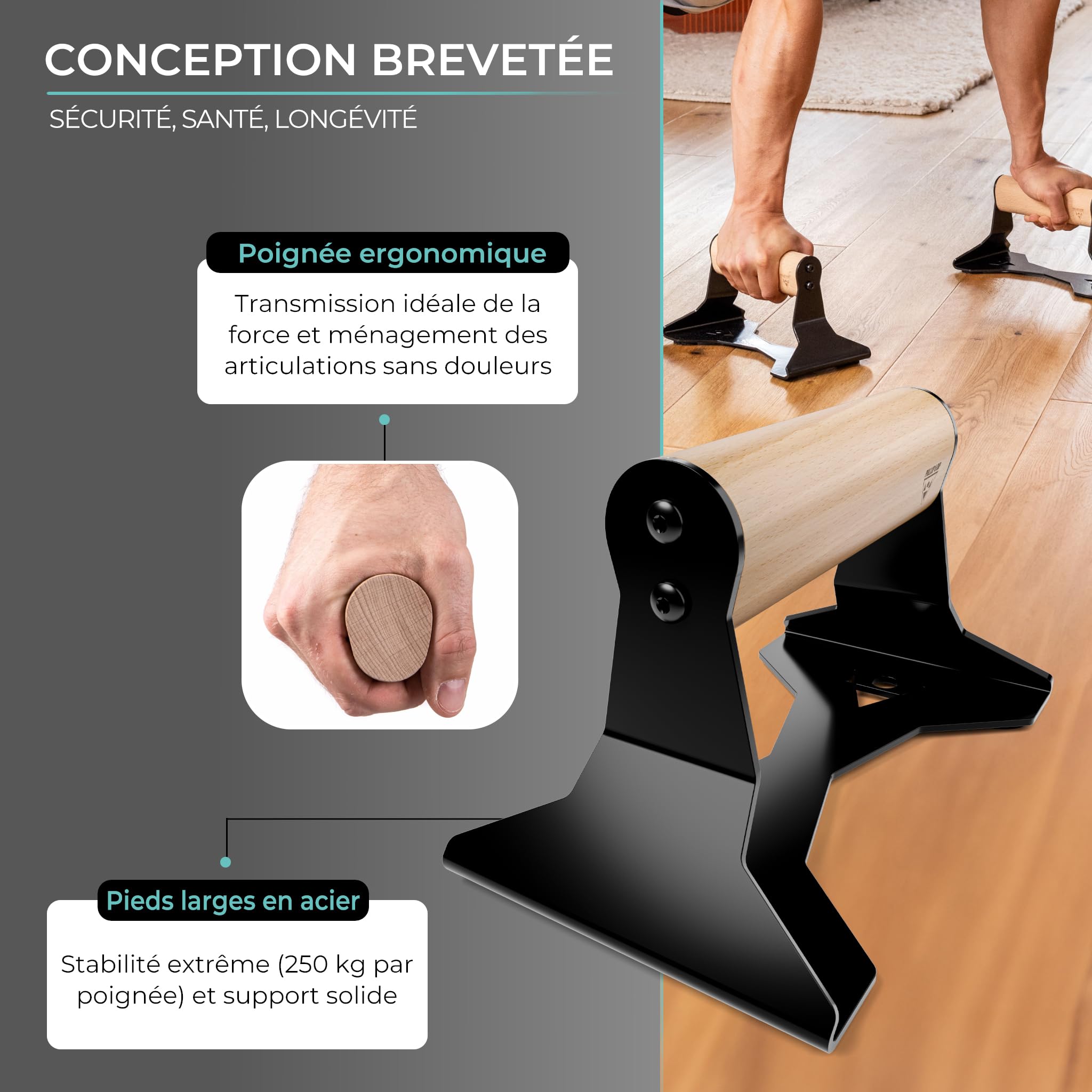 Poignées Parallettes En Bois Pour Pompes - 13 X 30 Cm, Pour Entraînement Tronc Et Stabilité