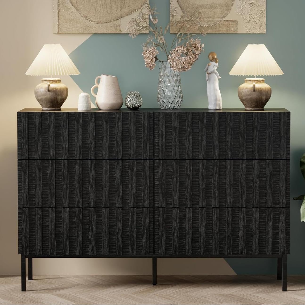 UEV Fluted Dresser for Bedroom with 6 Drawers, 47" Wide Large Chest of Drawers with Metal Stand, Mid-Century Wooden Dresser TV Stand, Closet Storage