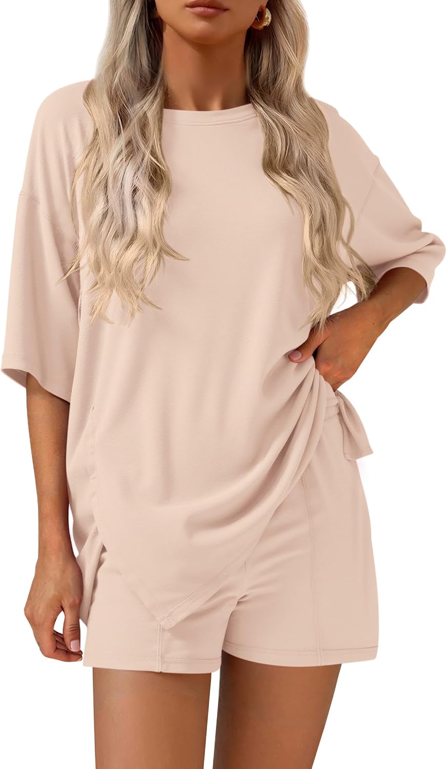 KIRUNDO 2 Piece Sets for Women Summer Lounge Sets Casual Oversized Tshirts Shorts Matching Airport Travel Outfit Postpartum