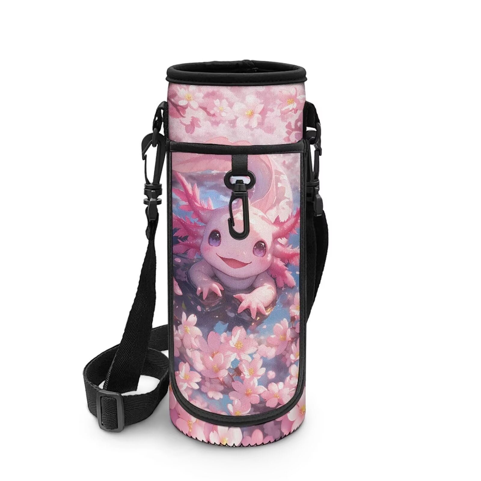 POLERO Axolotl Water Bottle Bag with Shoulder Strap Girls Cute Water Bottle Holder Cherry Blossom Sling Sleeve for School