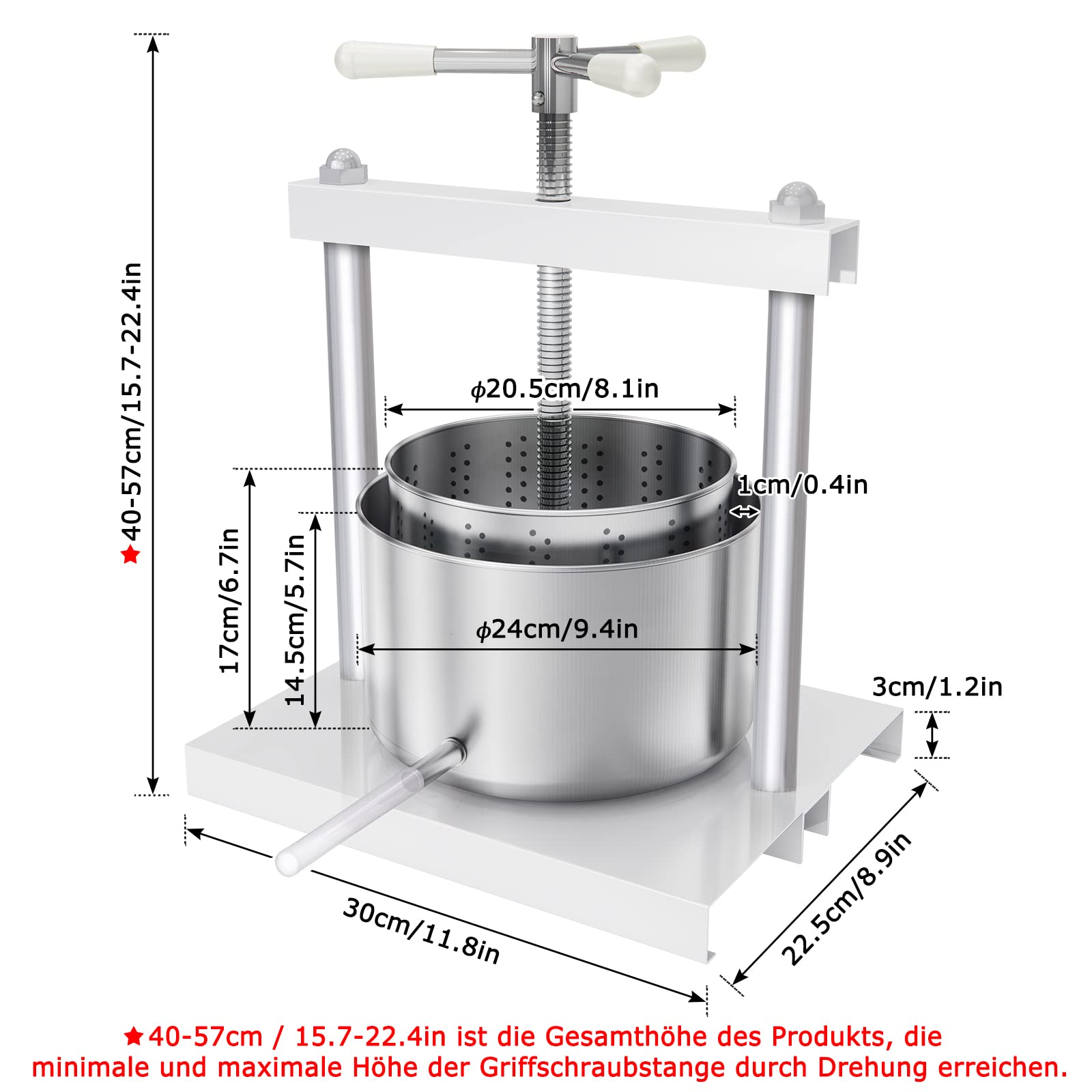 Aufun prensa de frutas 5L cesta de acero inoxidable, prensa de frutas prensa de vino 430 de acero, prensado de uvas, frutas, carne, hierbas, grasa, queso vegetal (5L)