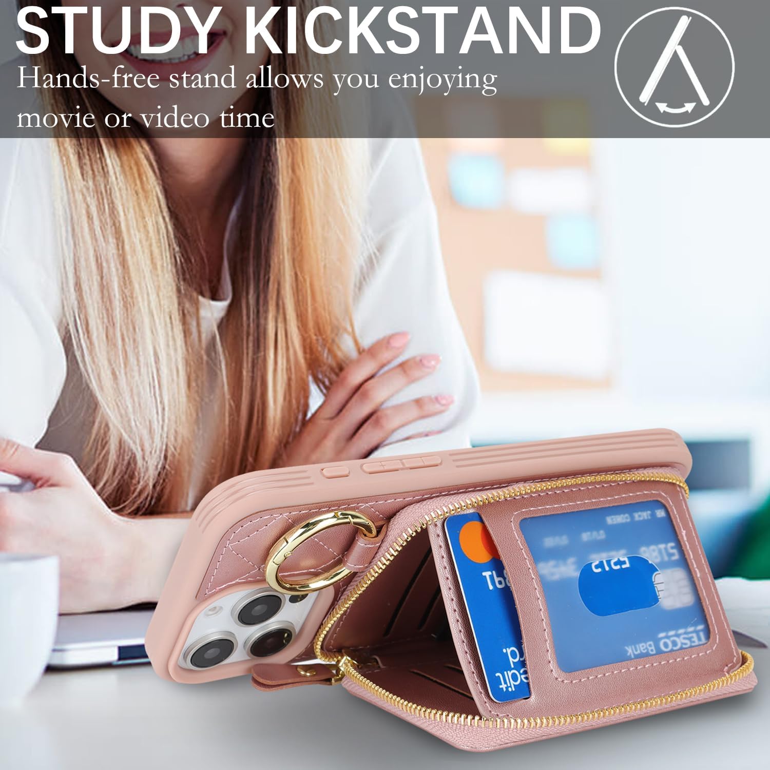 for iPhone 15 pro max Case Wallet with Card Holder,for iPhone 15 pro max Phone case Wallet with Zipper with Slot Kickstand Stand Case for Women and Man 5G 6.7 Inch-Rose Gold - Image 3