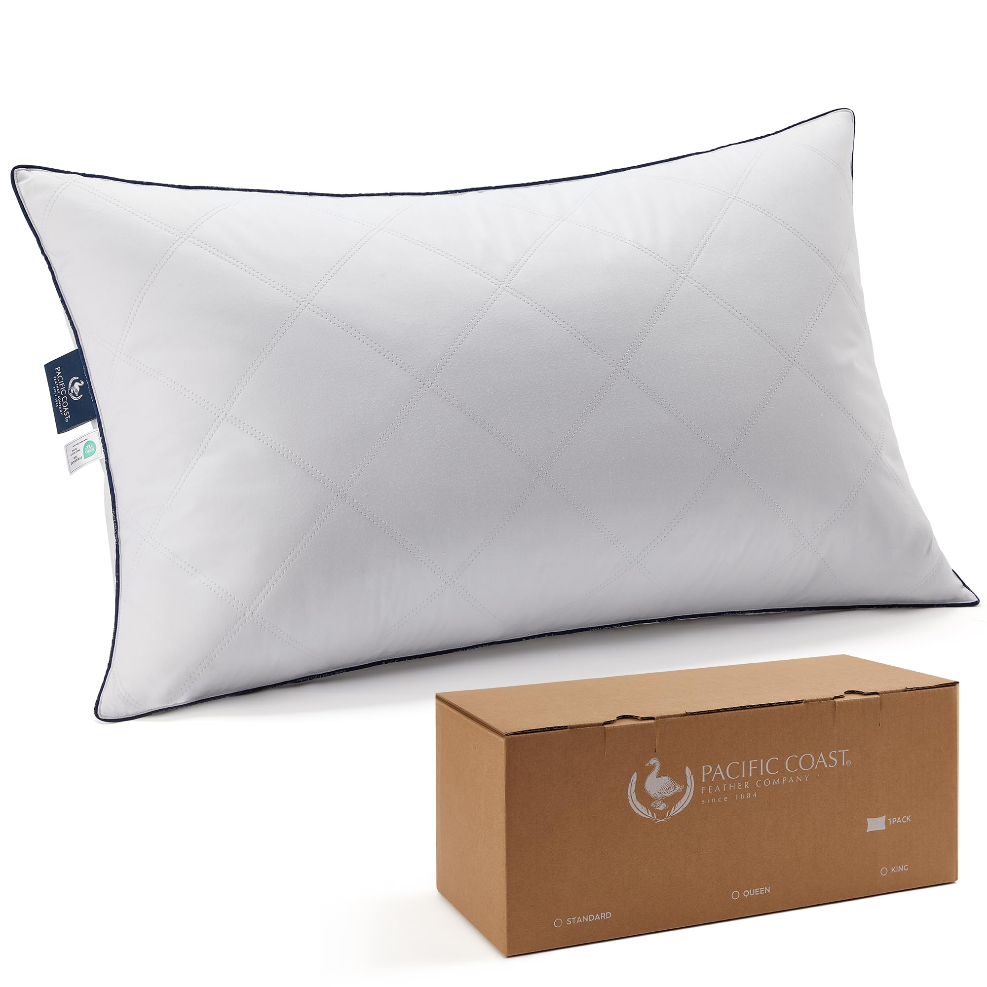 Pacific Coast Bed Pillow, Luxury Hotel Collection Goose Feather and Down Firm Pillow for Sleeping with Classic Diamond Pattern, Standard Size
