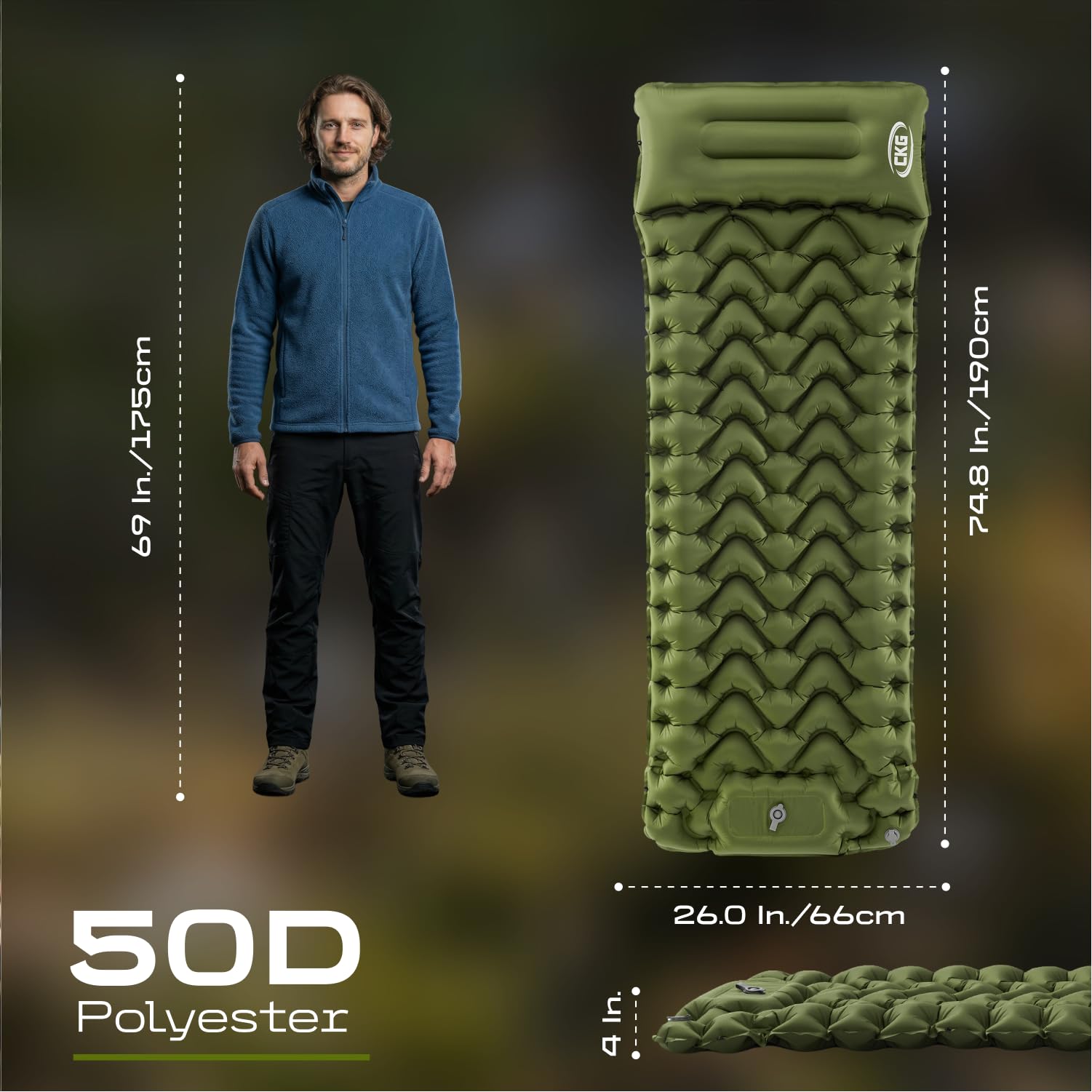 CKG Colchoneta de dormir para camping con bomba de pie de inflado rápido, resistente al agua, ultraligera, verde