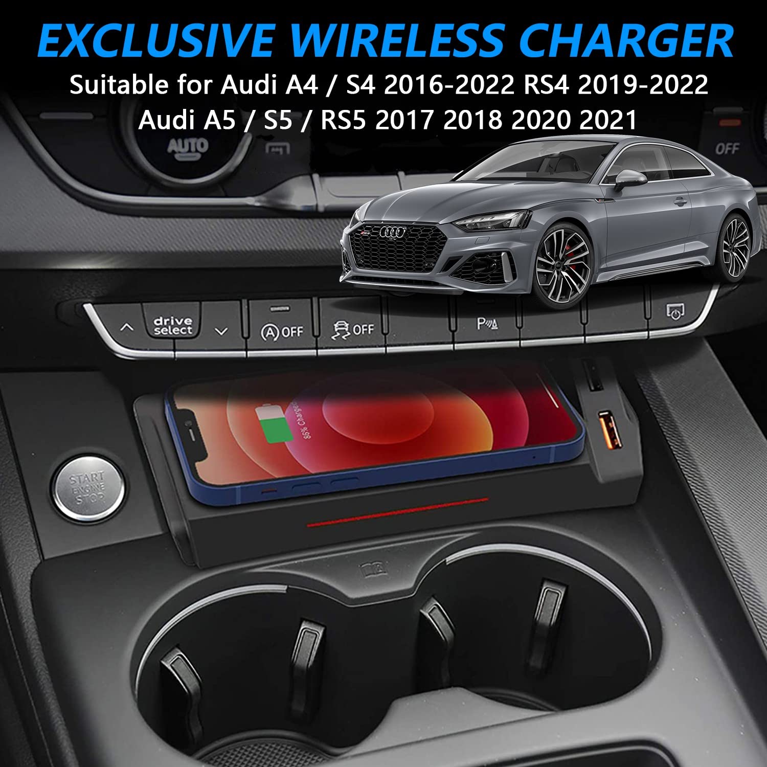 Cargador Inalámbrico Coche para Audi A4 S4 RS4 A5 S5 RS5 2017-2022, 15W Qi Carga Rápida Auto Teléfono Cargador para Audi B9 A4 A5 Sedan/Allroad/Quattro/Coupe/Sportback/Cabriolet Accesorio