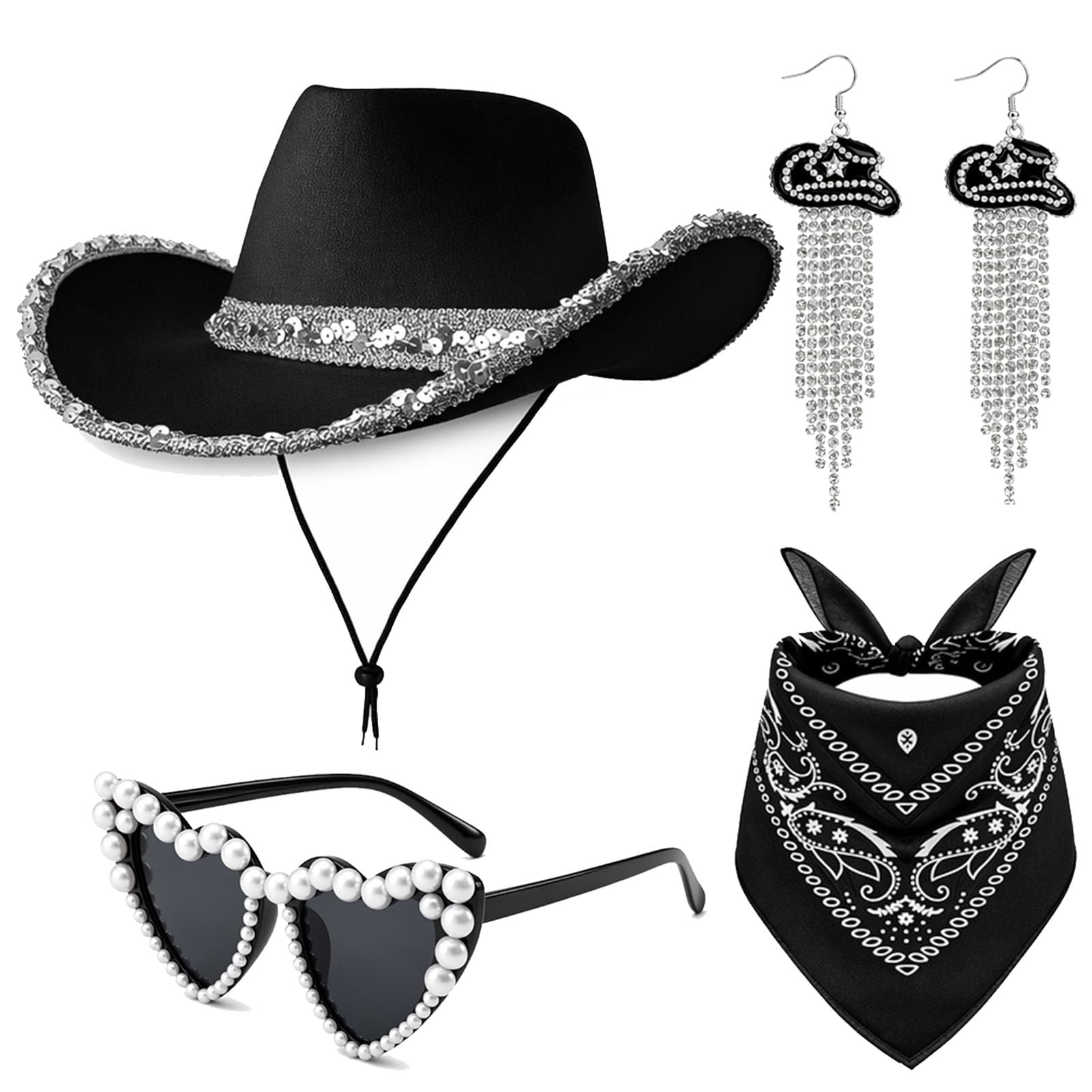 JRZYTX Western Cowboy Hat Set for Women, Sequin Texan Cowboy Hat Bandana Earring Heart Sunglasses Cowgirl Costume Accessory for Hen Night Western Fancy Dress Party (BLACK)