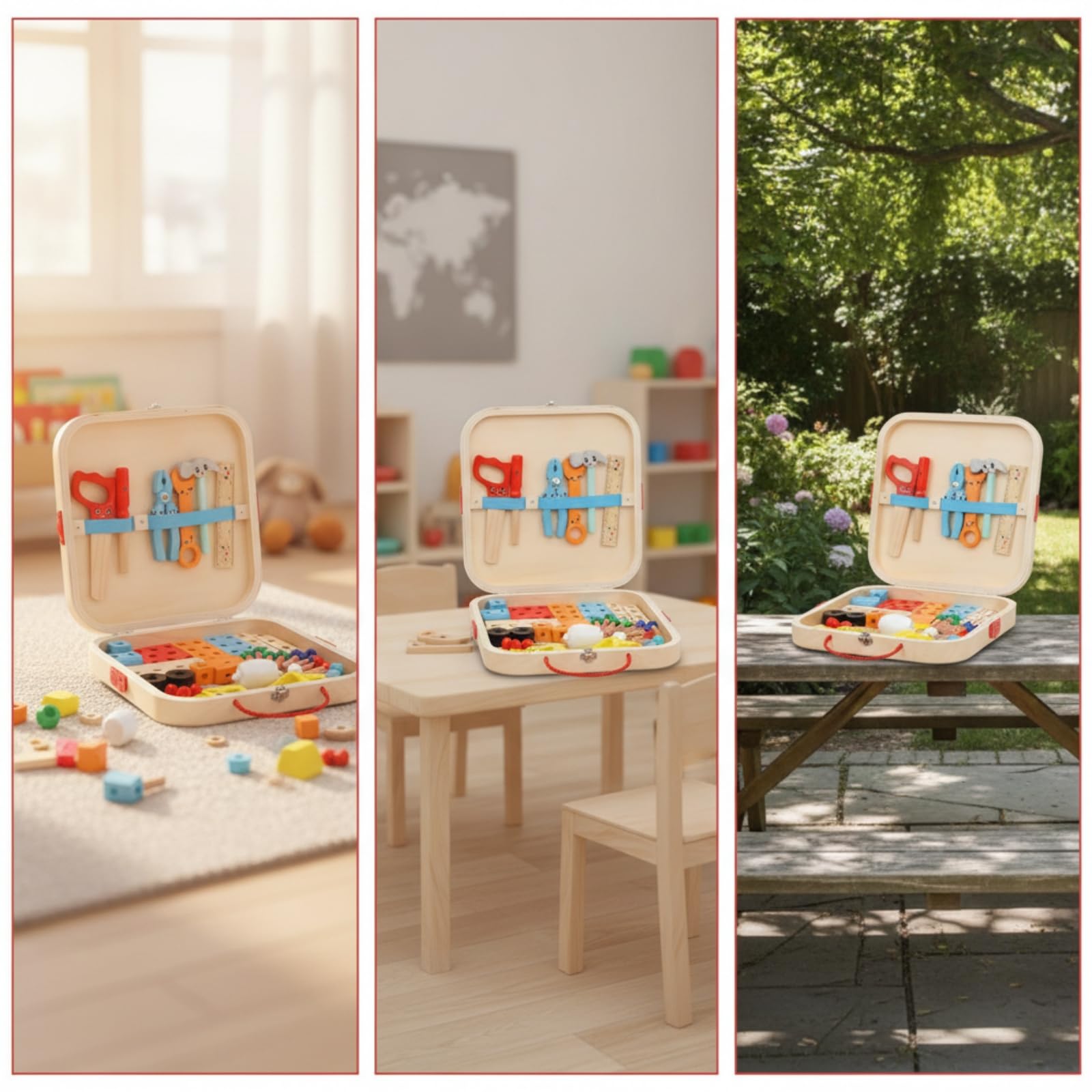Kinder Werkzeugkoffer Holz Kinder Werkzeug Set Montagekasten Baukasten Lernspielzeug Rollenspiel aus Lackiertem Kiefernholz für Vorschule Spielzimmer Grundschule