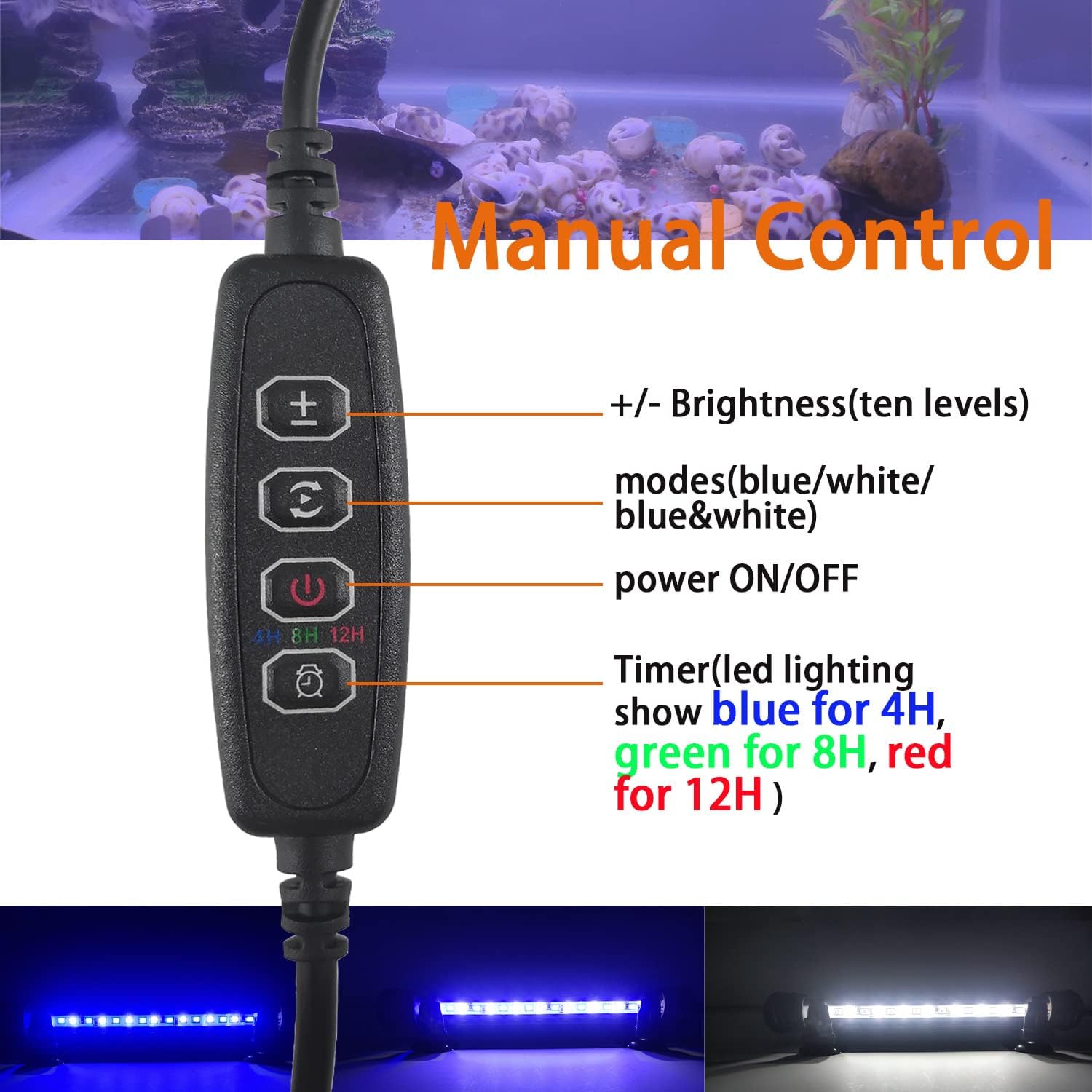 Smiful LED Aquarium Lights, Fish Tank Lights Underwater Timer Auto On/Off Submersible White Blue LED Aquarium Light Bar IP68 Waterproof 3 Lighting Modes Dimmable for Fish Tank, 7.5 Inch
