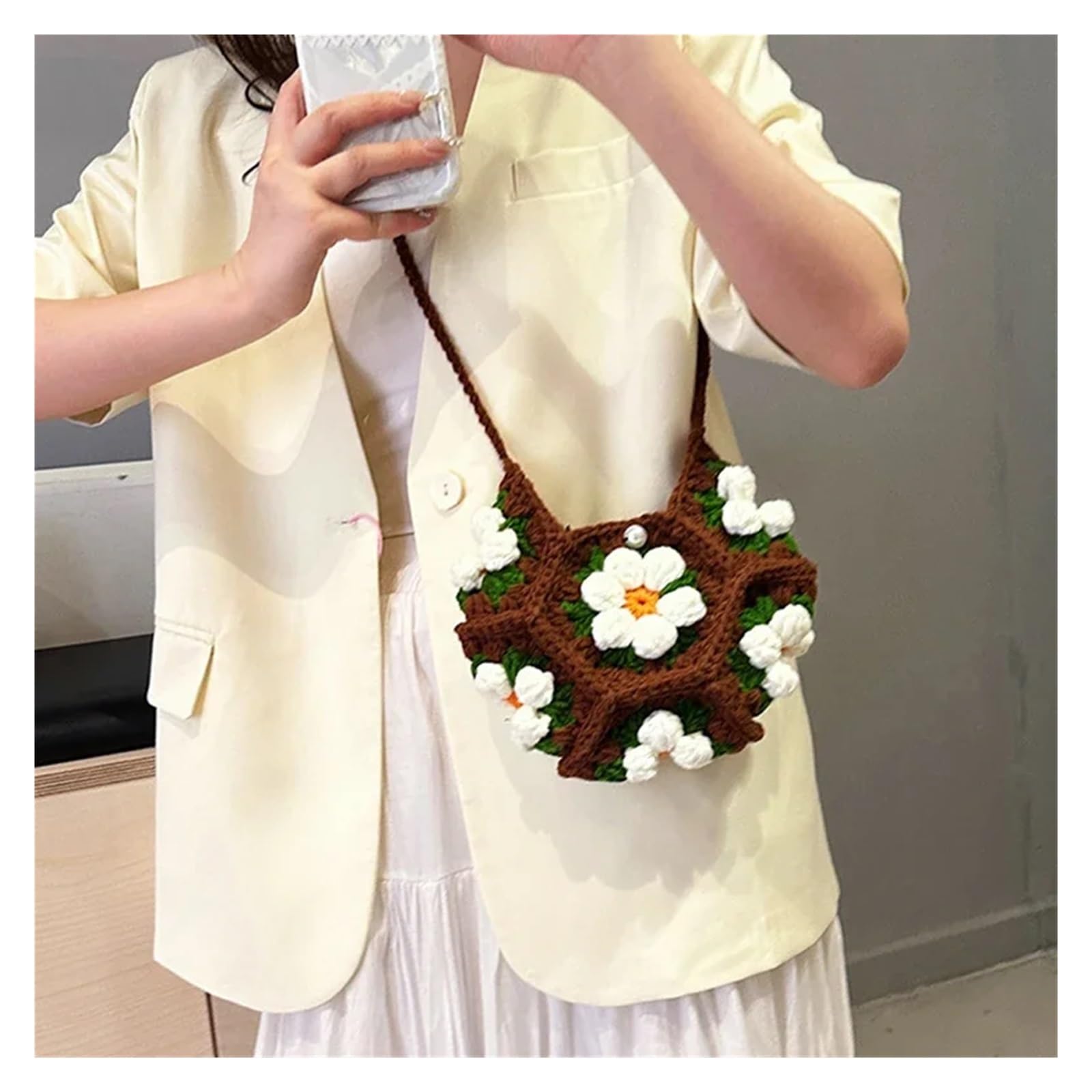 Bolso De Punto Con Flores Bolso de punto de verano for niñas, pequeño bolso bandolera con flores frescas, informal, de calle, tejido a mano, for mujer