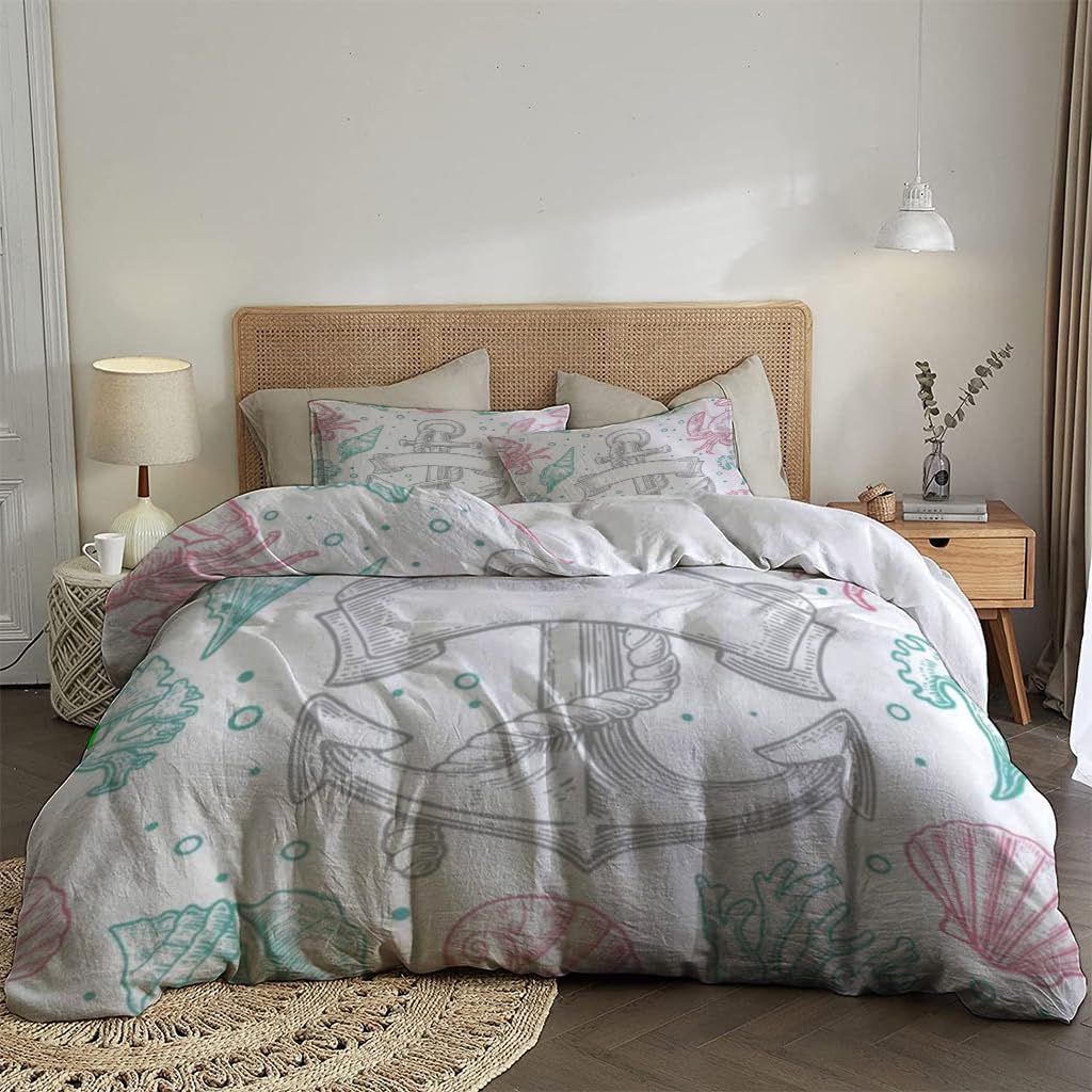 NIBAINLO 布団カバー貝殻、サンゴ、カニ、錨 肌に優しい ピーチスキン加工 掛け布団カバー 和式 洋式 あったか 布団カバーセット リバーシブル ホームステイ ホテル 家庭兼用