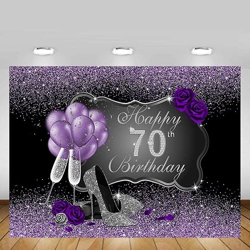Miniatura 4 de MEHOFOTO Fondo fotográfico negro y morado con tacones altos plateados, globos de rosa morada para fiesta de cumpleaños número 70, telón de fondo