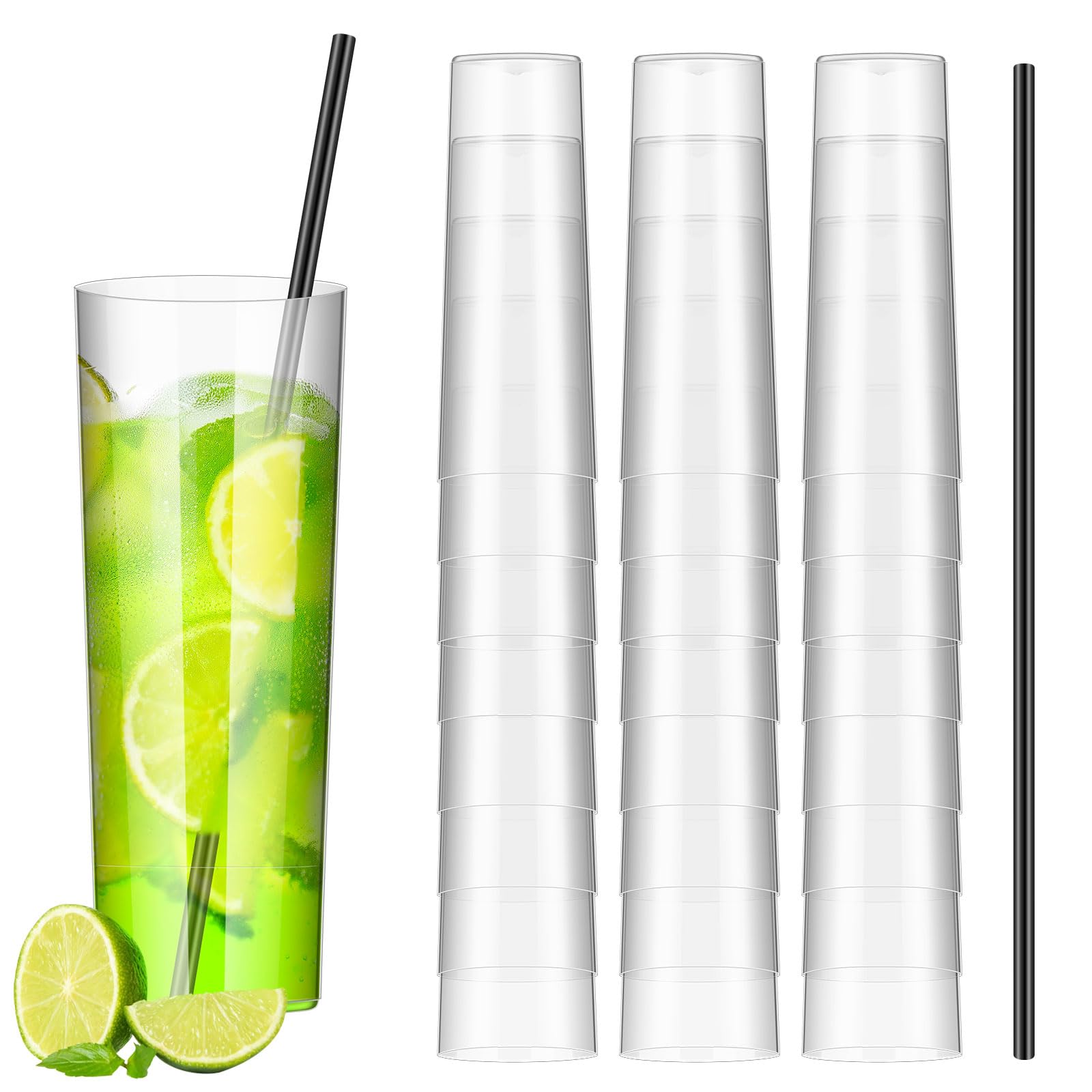 Plastic Highball Glasses with Straws set of 48 10 oz Shatterproof Drinking Cups Tall Whiskey Collins Glass with