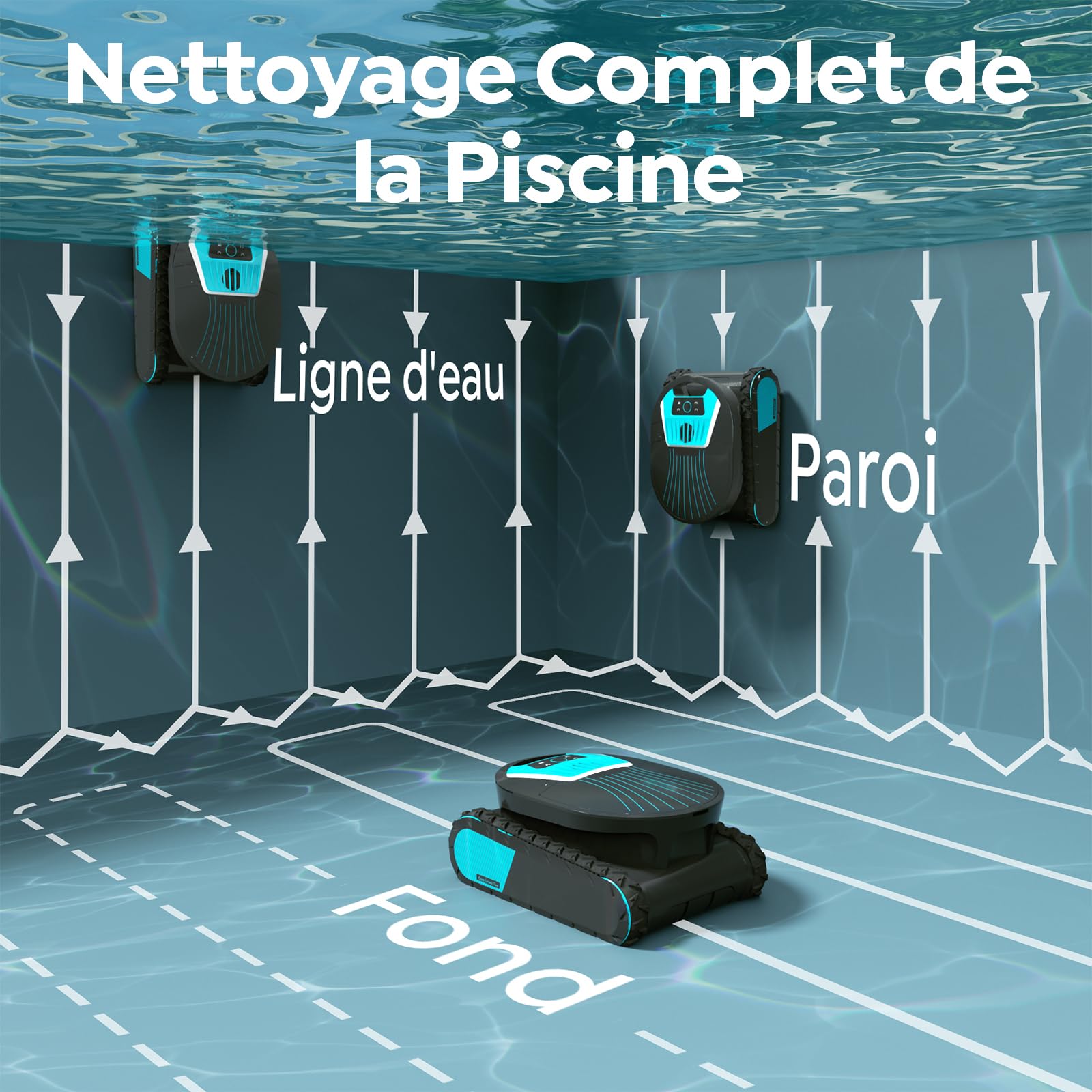Pleco Pro Robot de Piscine sans Fil, Robot Piscine Fond et Parois, Autonomie 210 Min, Double Filtration, 7 Modes, Contrôle Via App, Aspirateur pour piscines Jusqu’à 200㎡, Graphite