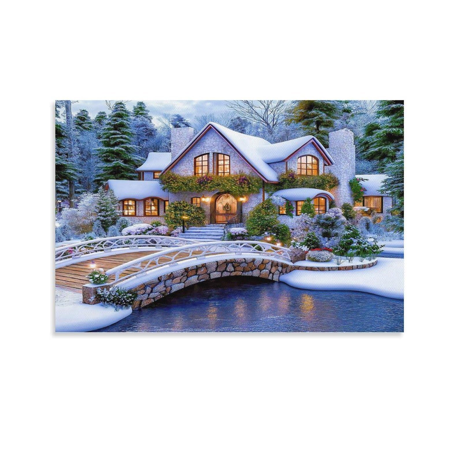 CPLVKWRQJ Snowy Cottage Scene Individual Chalet Stone Bridge Frosty Winter Forest Wall Art Decor - Kitchen Removable Canvas Wall Art Multi-Purpose Focal Point 08x12inch(20x30cm)