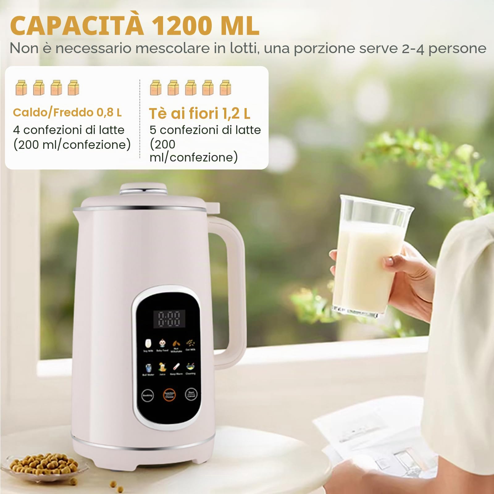 Macchina per latte di noci 8 in 1 con pannello touch Icon, latticino vegetale 1200 ml con autopulente, timer e funzione di mantenimento del caldo – Latte di soia e avena macchina per latte di mandorle