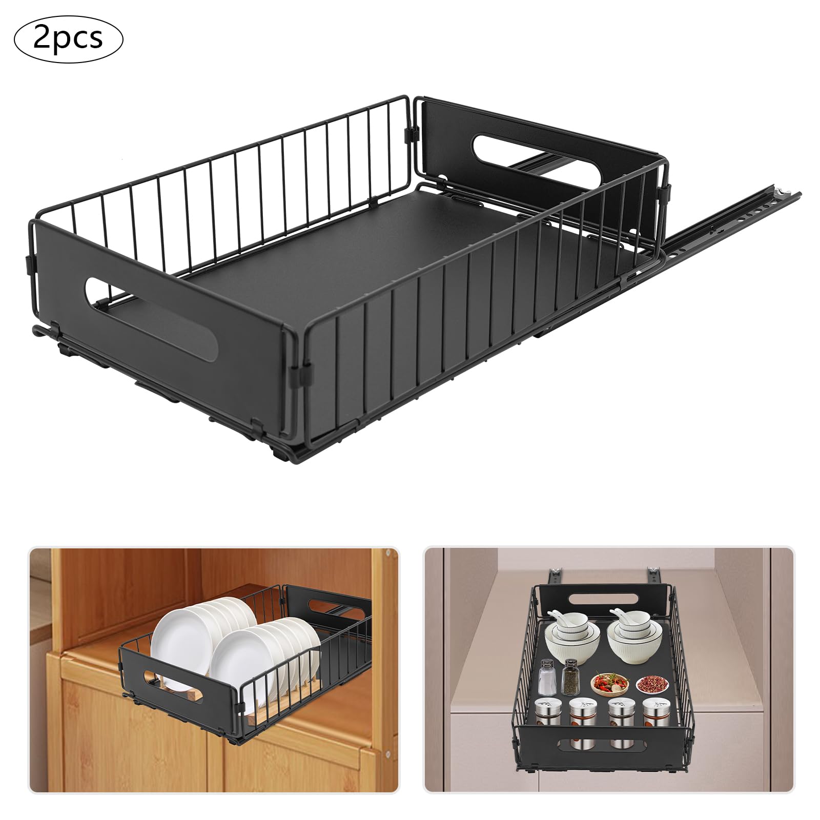 Lot de 2 tiroirs télescopiques extensibles avec rail coulissant, capacité de charge de 5 kg, pour cuisine, salle de bain, armoire, montage adhésif ou à vis, 37,5 x 24,5 cm