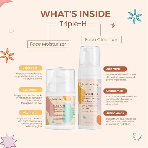 Miniatura 4 de Bare Young Triple H - Juego de cuidado de la piel para niños, lavado facial suave e hidratante, juego de regalo para el cuidado de la piel para