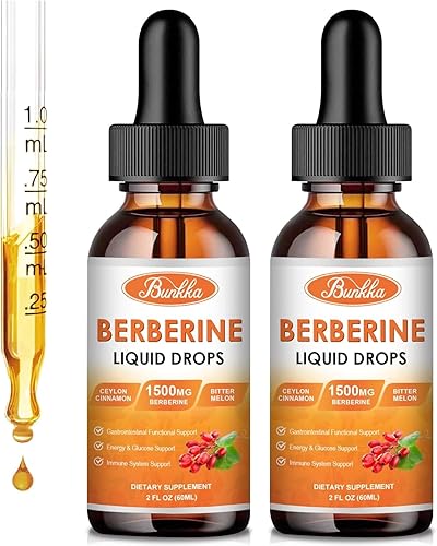 Miniatura 8 de Paquete de 2 suplementos de berberina, 1500 mg de gotas líquidas de berberina orgánica con canela de Ceilán, melón amargo, suplemento vegano y sin