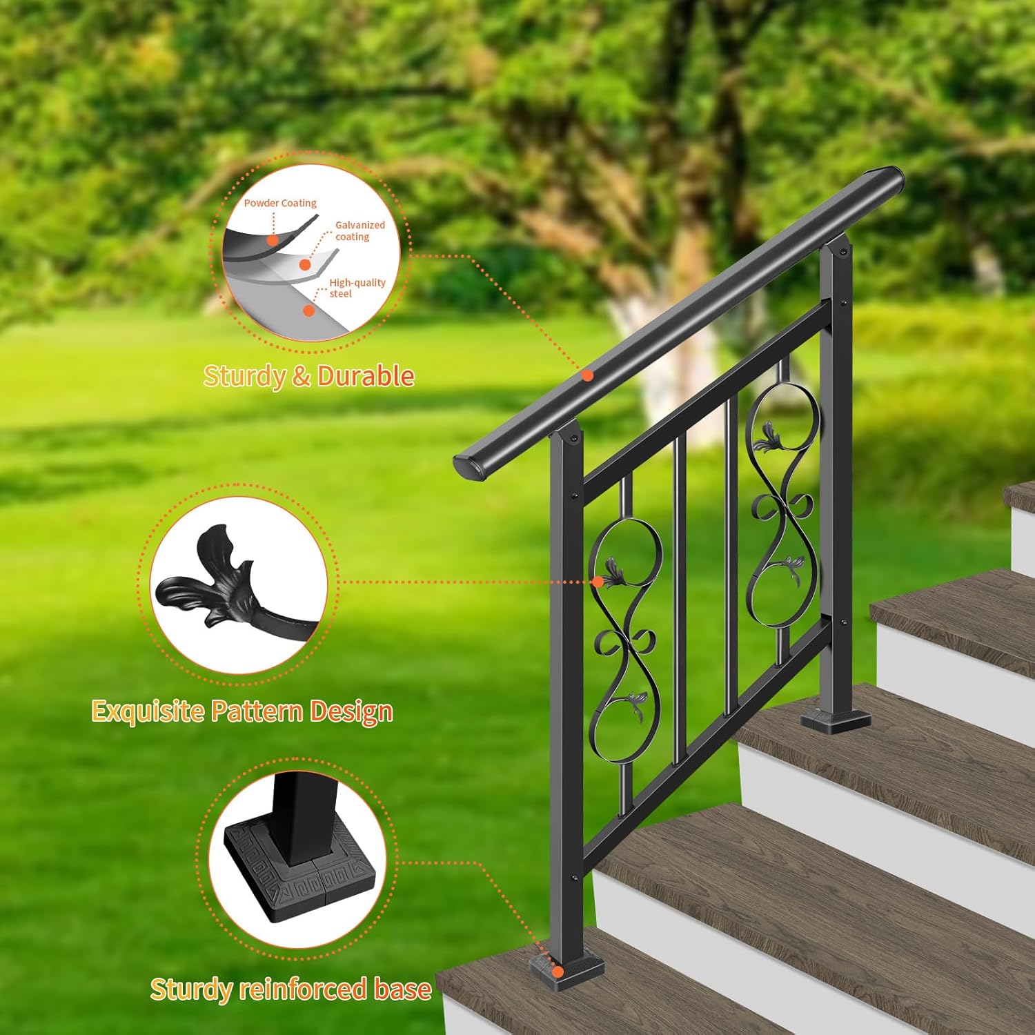 3 Step Handrails for Outdoor Steps, Adjustable Black Wrought Iron Railing for Stairs with Unique Pattern Design, Fits Porches, Concrete, and Wooden Steps