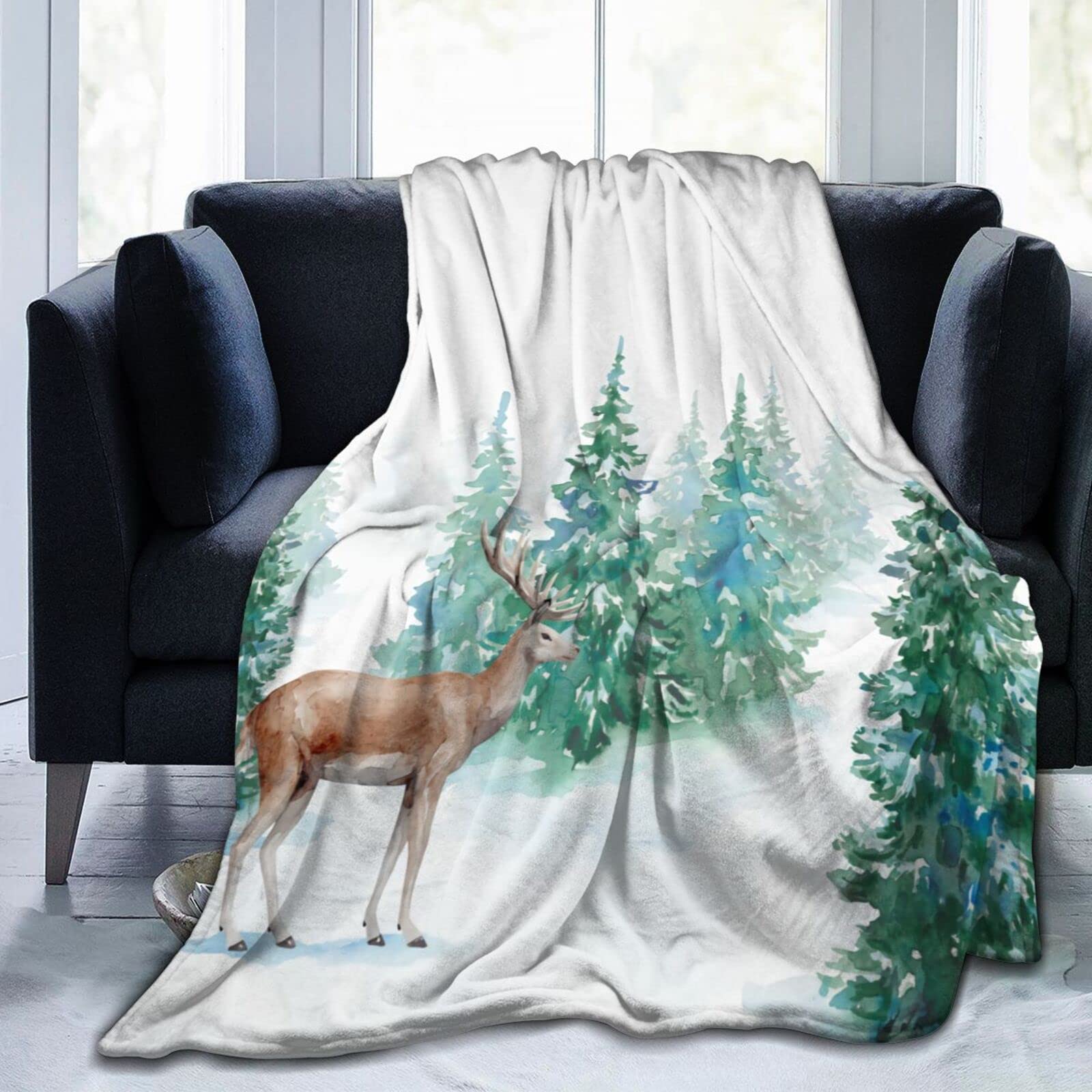 Lsjuee Watercolor Snowy and Deer Throw Blanket Warm Cozy Blankets Lightweight Soft Cozy Flannel Winter Holiday Blanket for Sofa Couch Bed Office Xmas Gift 60"X50"
