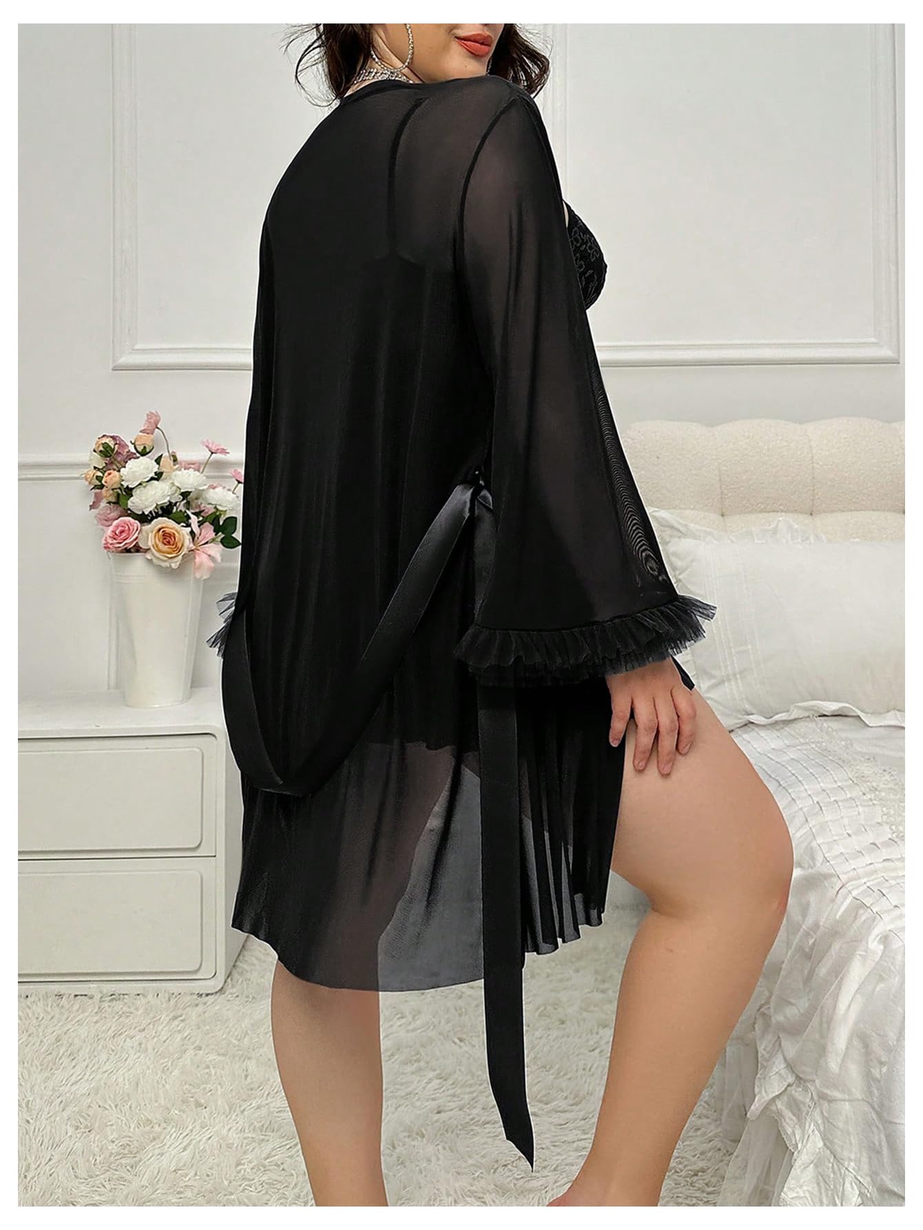 OYOANGLE Women's Plus Size 2 Piece Lace Sheer Chemise Nightgown with Long Sleeve Robe Set Nightwear: 4X-Large Plus Black