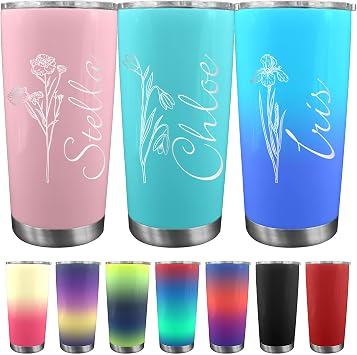 Personalized Tumbler with Birth Month Flower & Name, Custom Coffee Tumbler Gifts for Birthday Mothers Day Anniversary for Women Men, 20oz Stainless Steel Insulated Coffee Mug with Lid & Straw