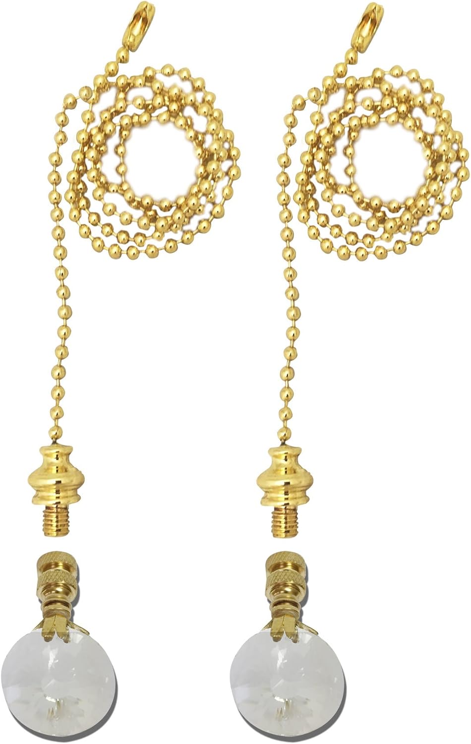 Royal Designs Celling Fan Pull Chain Beaded Ball Extension Chains with Decorative Sun Cut Round Crystal Design, Polished Brass, Set of 2