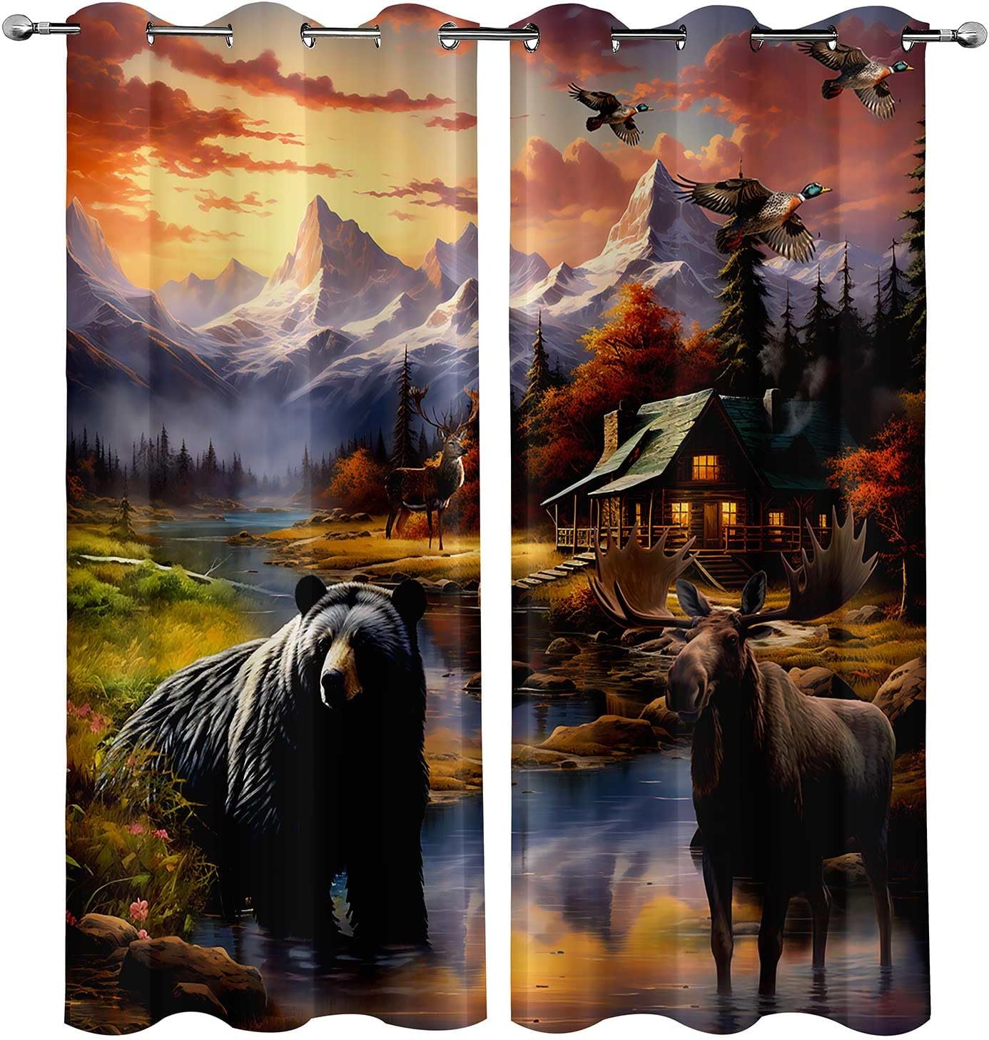LUVIVIHOME Black Bear Moose Deer Curtains, Rustic Cabin Blackout Curtains for Bedroom, Forest Animal Wildlife Hunting Mallard Duck Country Farmhouse Room Decor Window Curtains 2 Panel Sets, 52x84 Inch