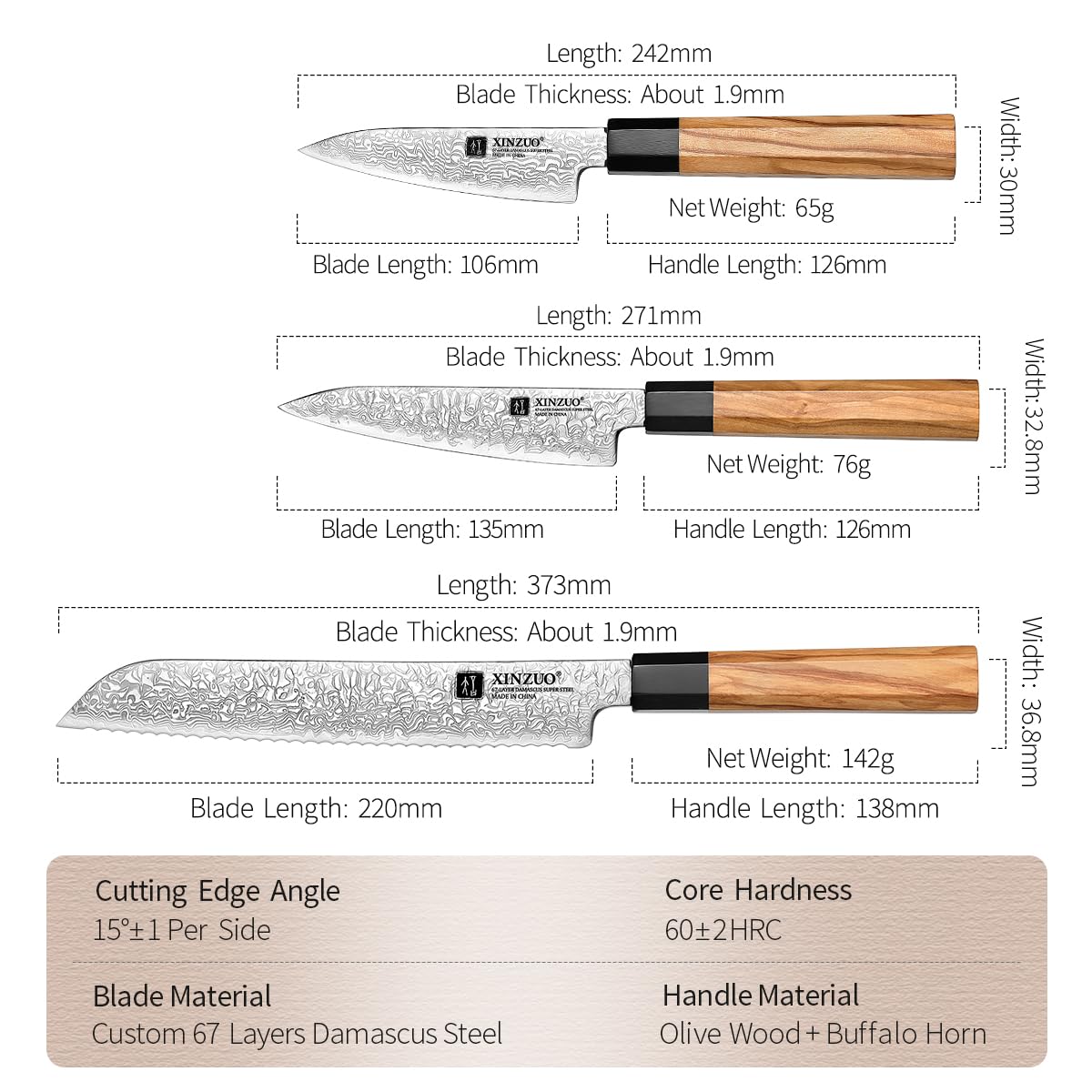 XINZUO Set Cuchillo Cocina 5 Piezas Acero de Damasco Juegos de Cuchillo de Cocinero,Forjado Profesional Hojas Afiladas Cuchillo de Damasco-Chef Santoku Pan Universal Fruta-Mango de Madera de Olivo
