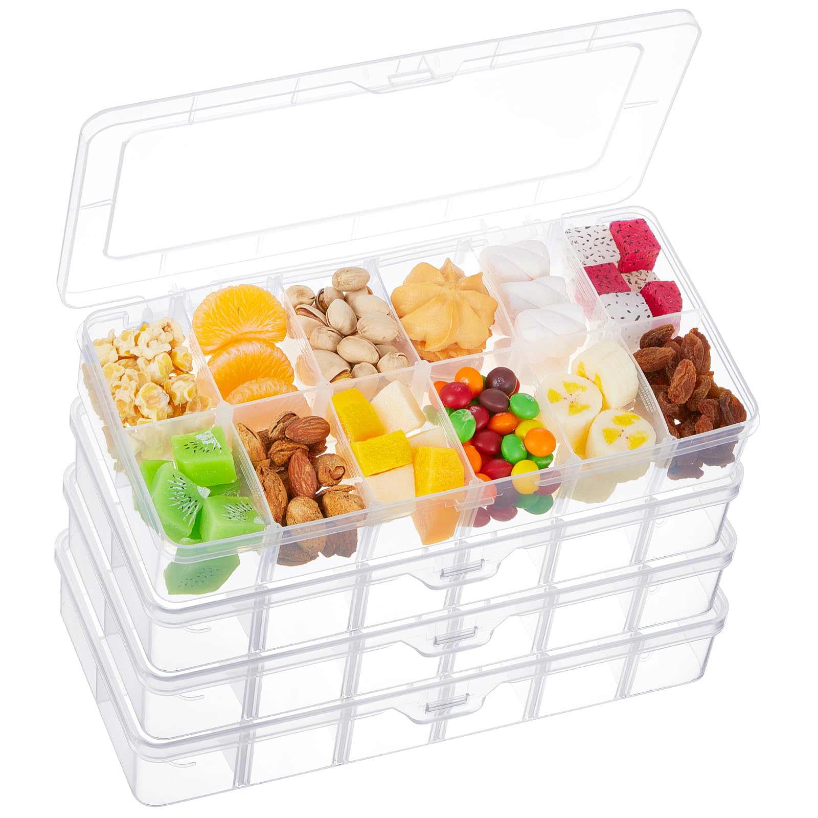 Juexica 4 Pcs Snack Box Container Adjustable Divided Snack Containers, Easy to Clean Dishwasher Safe Clear Bento Box Work Travel(10.35 x 5.12 x 1.69 Inches,12 Grids)