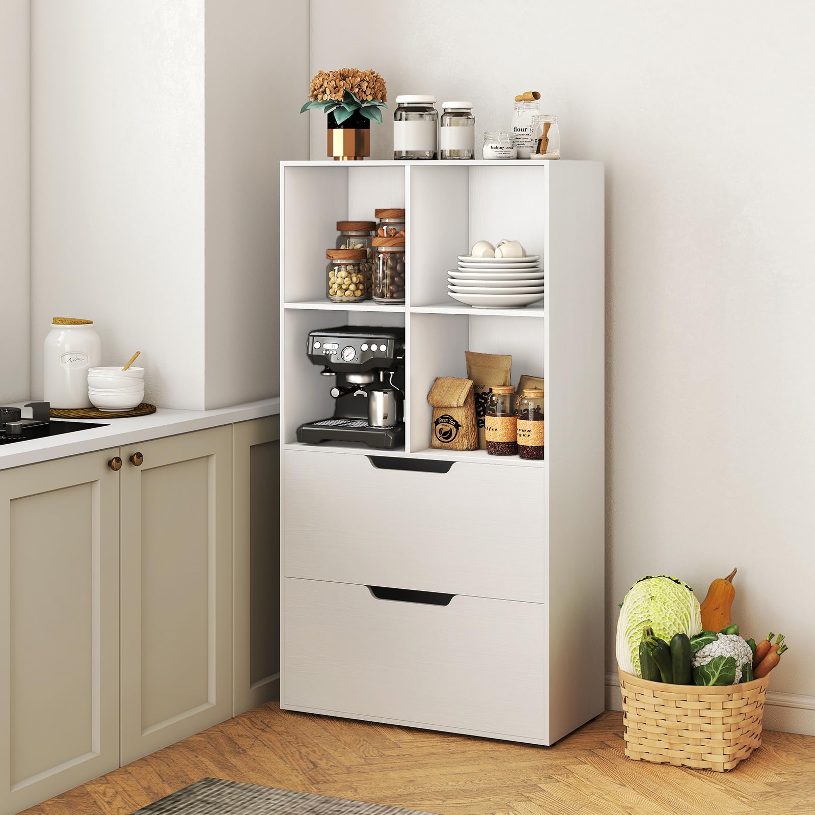 COSTWAY Libreria a 4 Cubi con 2 Cassetti, Scaffale Alto a 5 Ripiani da 130 cm, Libreria Moderna a Cubi Aperti, Organizer in Legno per Soggiorno, Studio, Ufficio Domestico (Bianco)