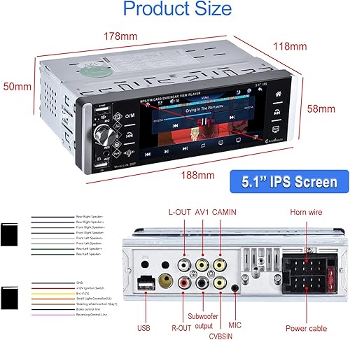 Miniatura 2 de Roinvou Estéreo de radio de coche de un solo DIN con Carplay Android Auto, pantalla táctil de 5.1 pulgadas, radio Bluetooth, soporte FM Mirror Link