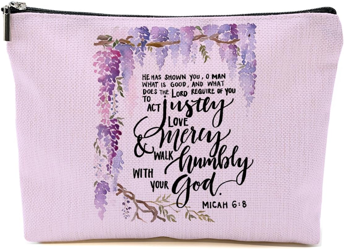 Bible Verse Makeup Bag for Women, Purple Flower Portable Travel Organizer Toiletry Cosmetic Bag with Zipper, Roomy Makeup Bags Skincare Pouches Travel Accessories, Christian Gifts