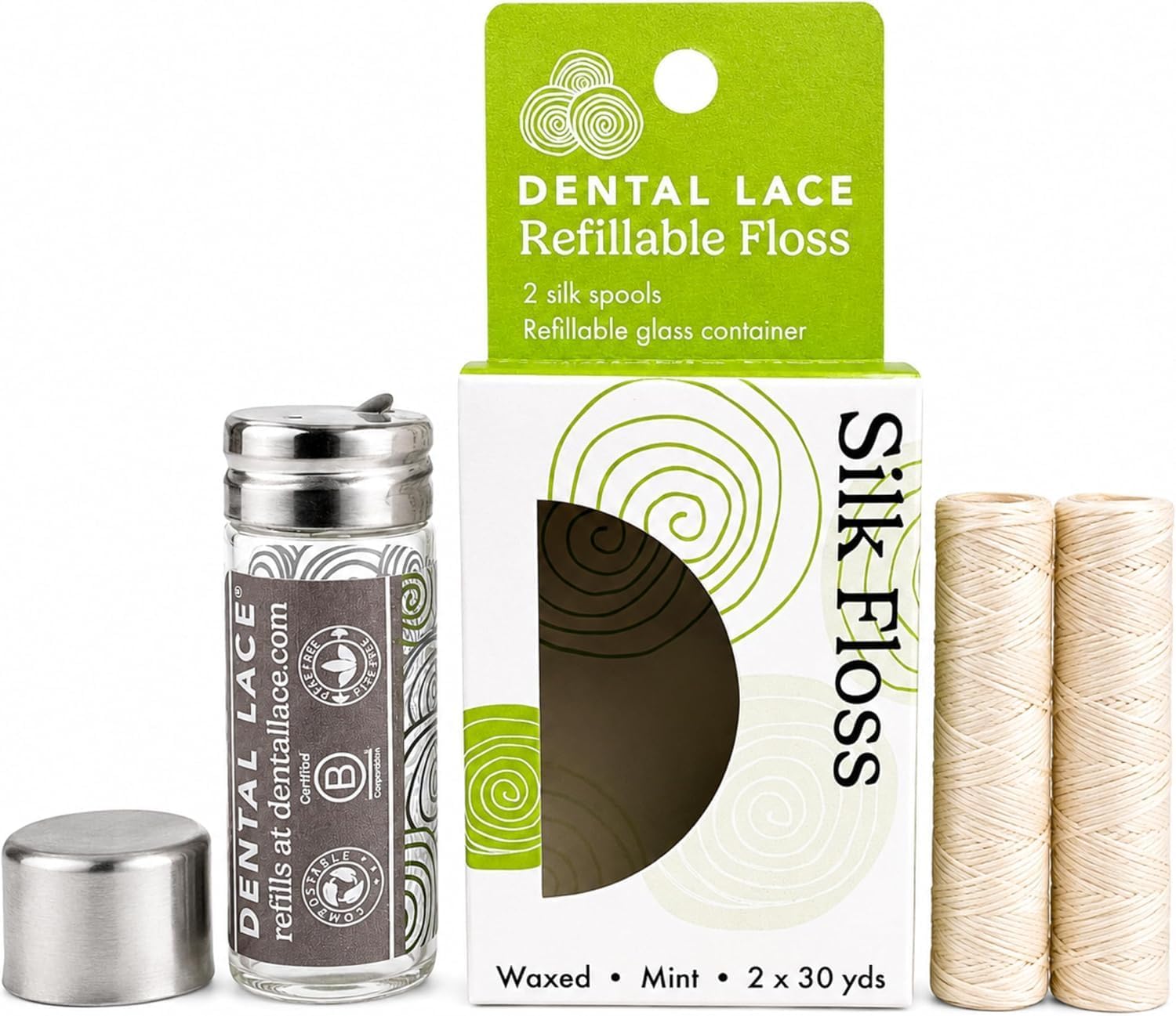 Dental Lace Silk Dental Floss Refills, Mint, Waxed, PFAS Free, 60 Yds