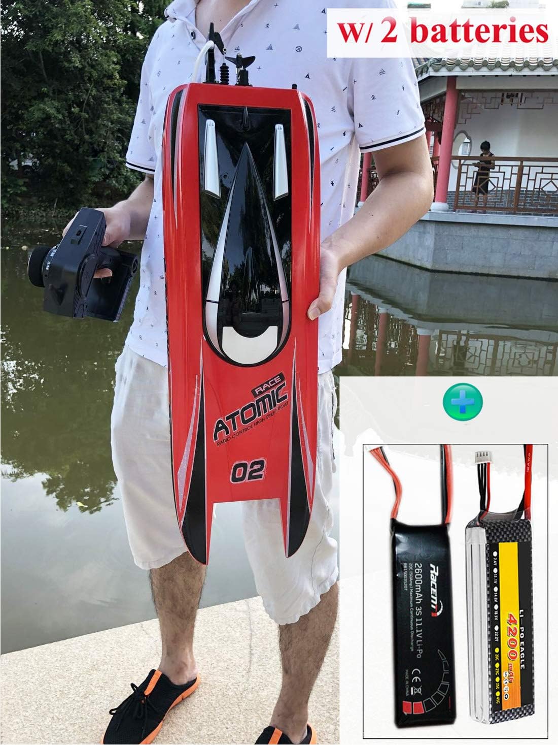 SOWOFA 792-4 27.5-Inches Remote Control Boat Speedboat for Hobby Adults Racing RC Boat 65km/h (40.38mph) Brushless Motor w/ 2 Lipo Batteries （4200mAh & 2600mAh）, Red/Yellow Randomly